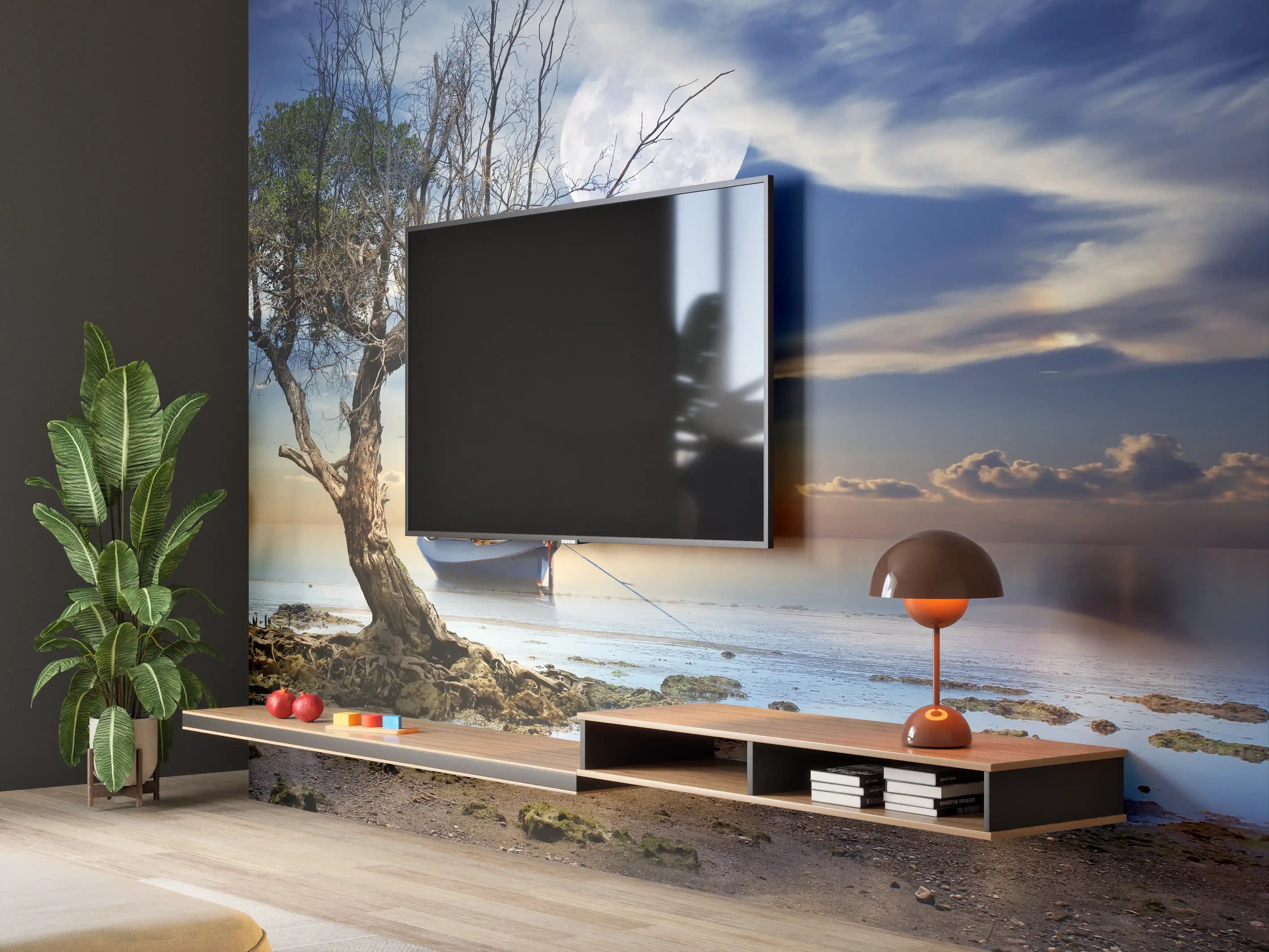 Wandverkleidung Wohnzimmer - Romantische Küstenlandschaft bei Nacht