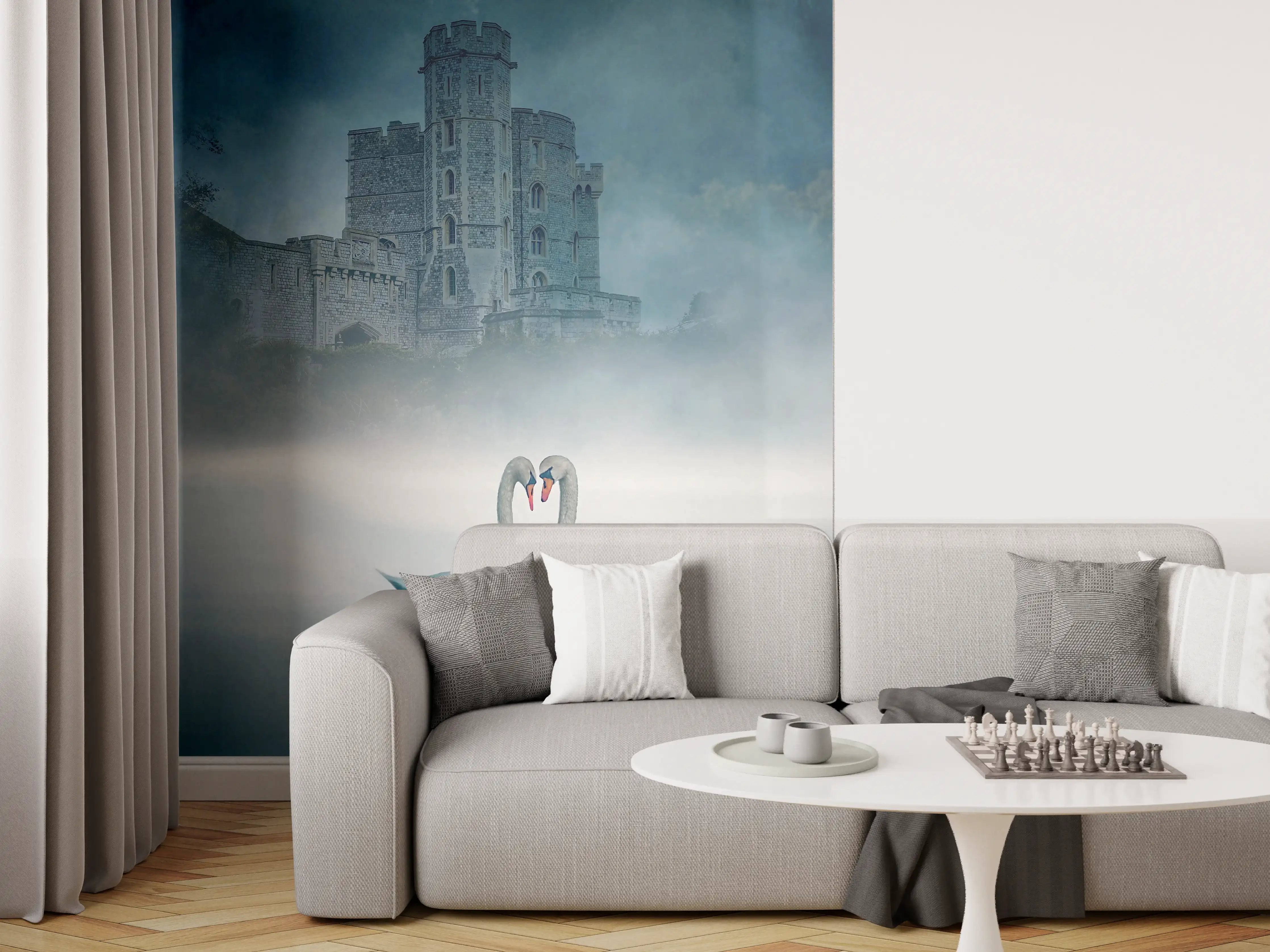 Wandverkleidung Wohnzimmer - Romantische Schwäne vor düsterer Burg