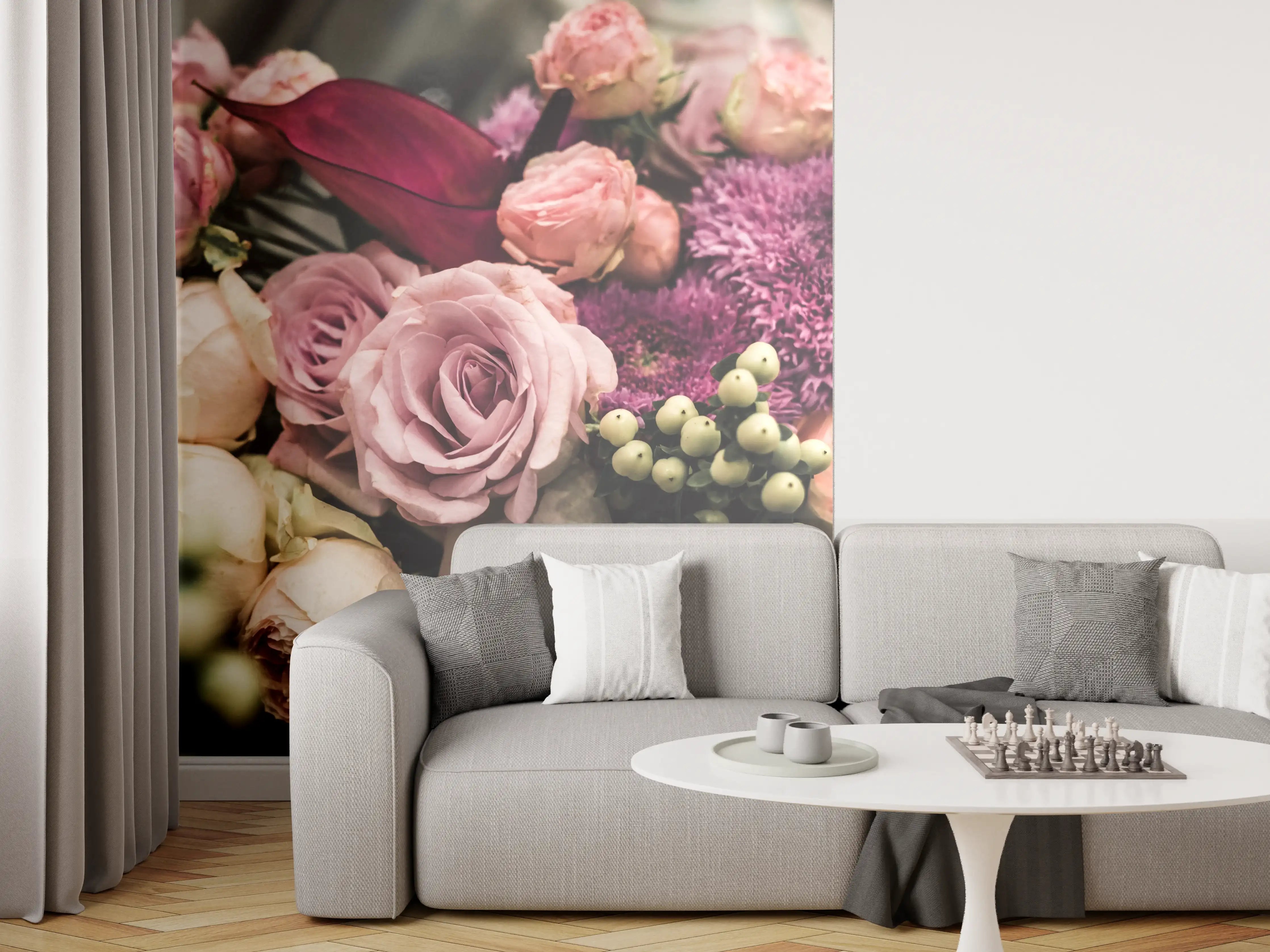 Wandverkleidung Wohnzimmer - Romantischer Blumenstrauß in sanften Tönen