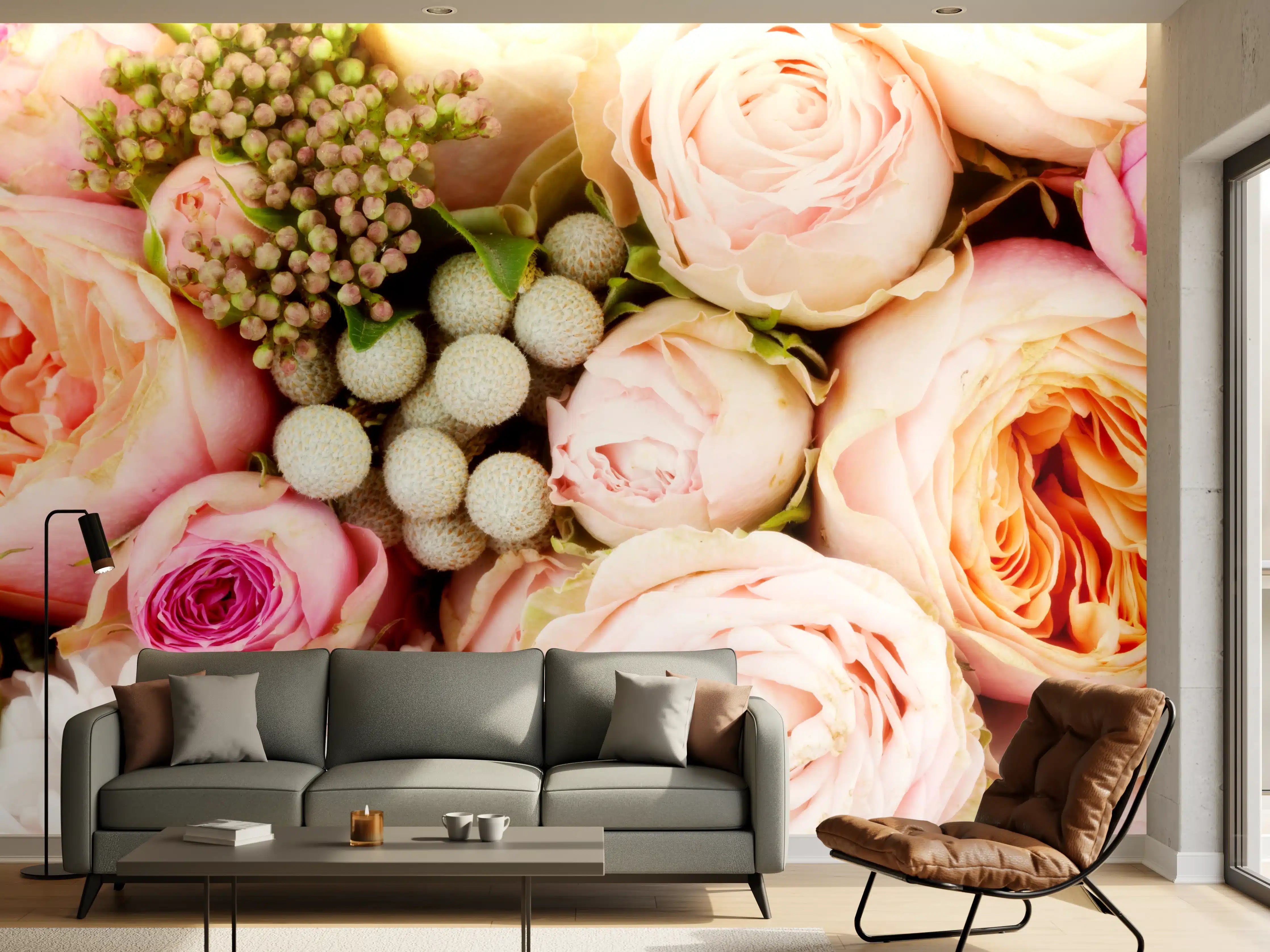 Wandverkleidung Wohnzimmer - Romantischer Blumenstrauß mit Rosen