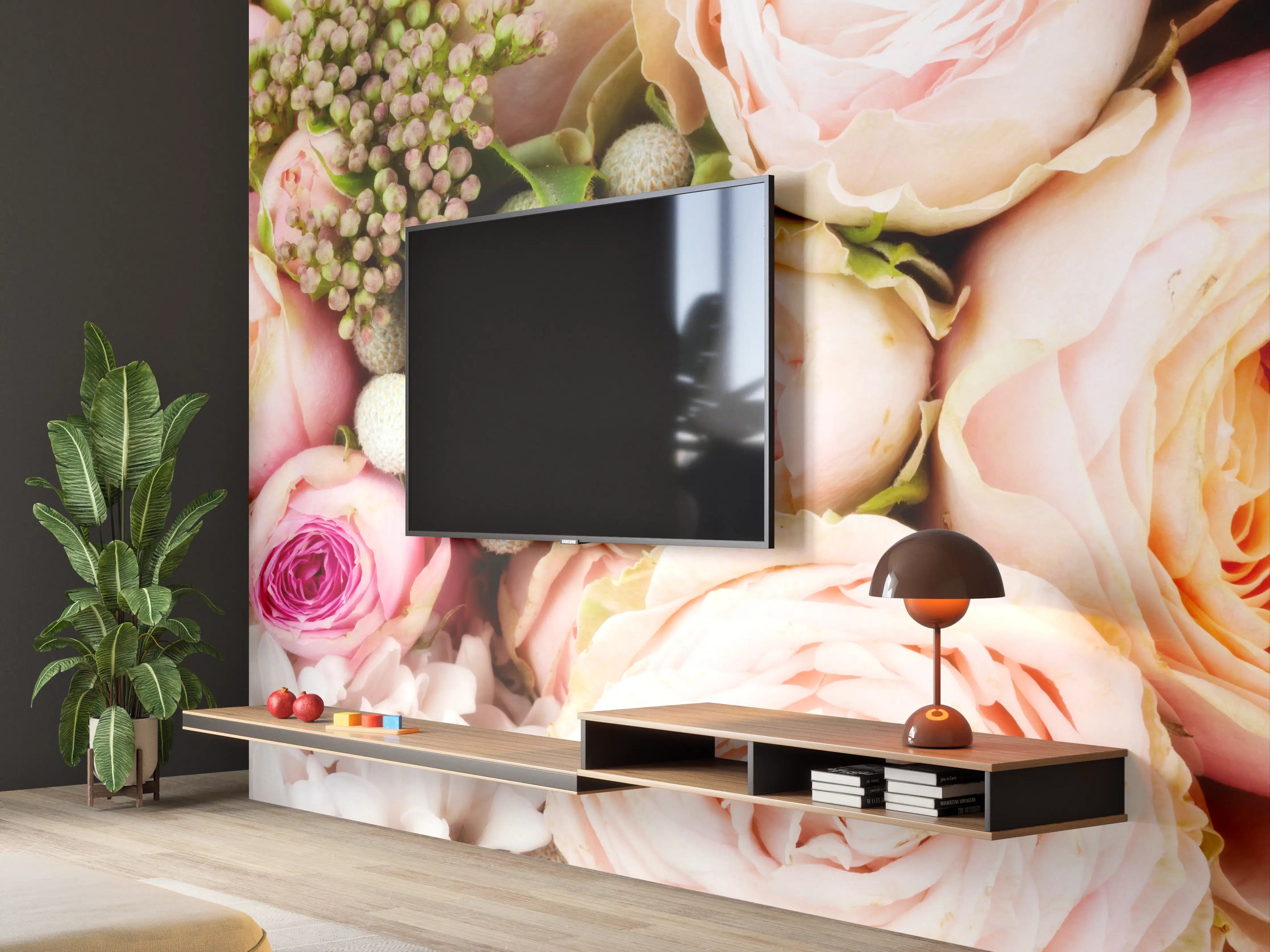 Wandverkleidung Wohnzimmer - Romantischer Blumenstrauß mit Rosen