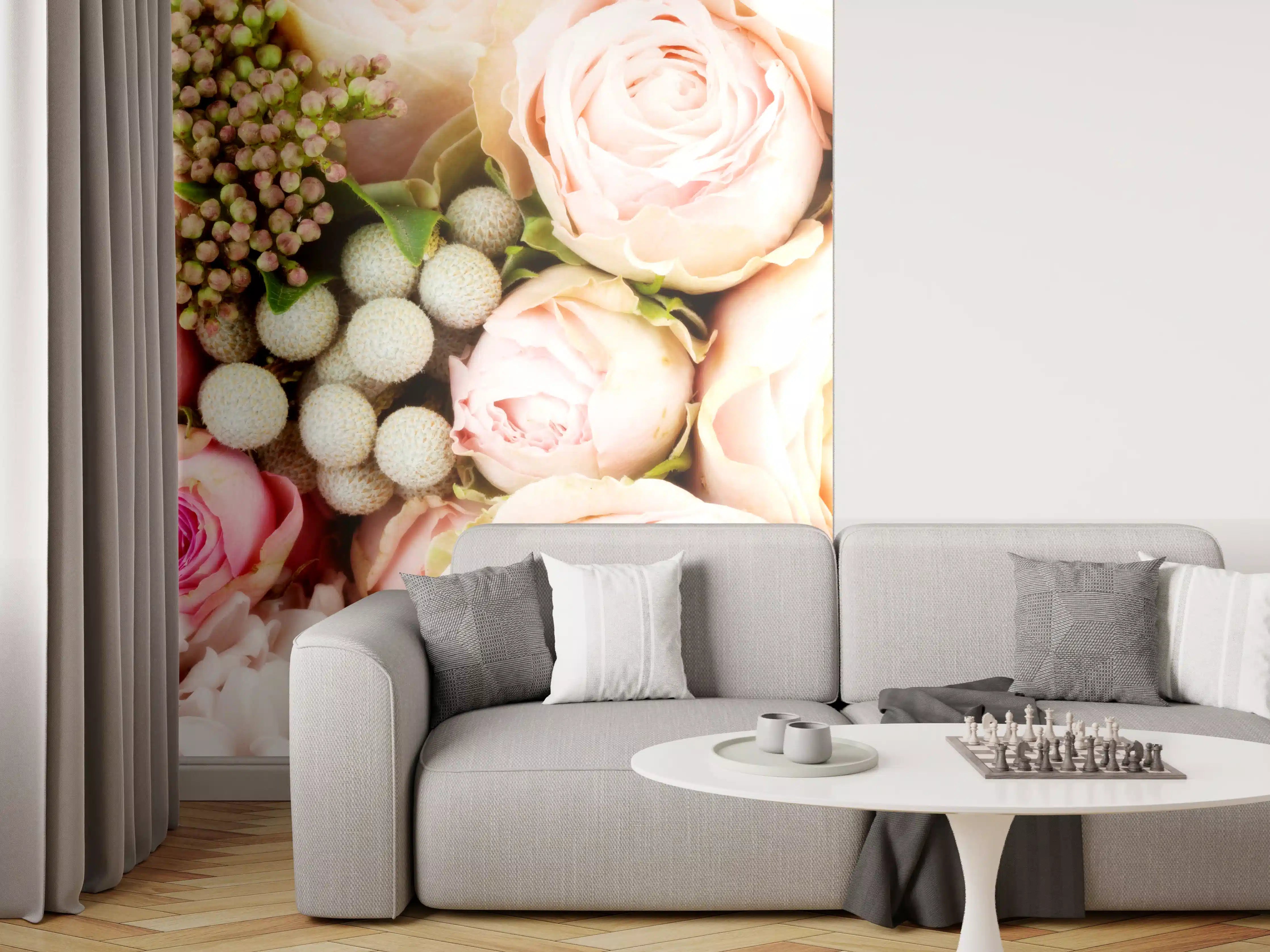 Wandverkleidung Wohnzimmer - Romantischer Blumenstrauß mit Rosen