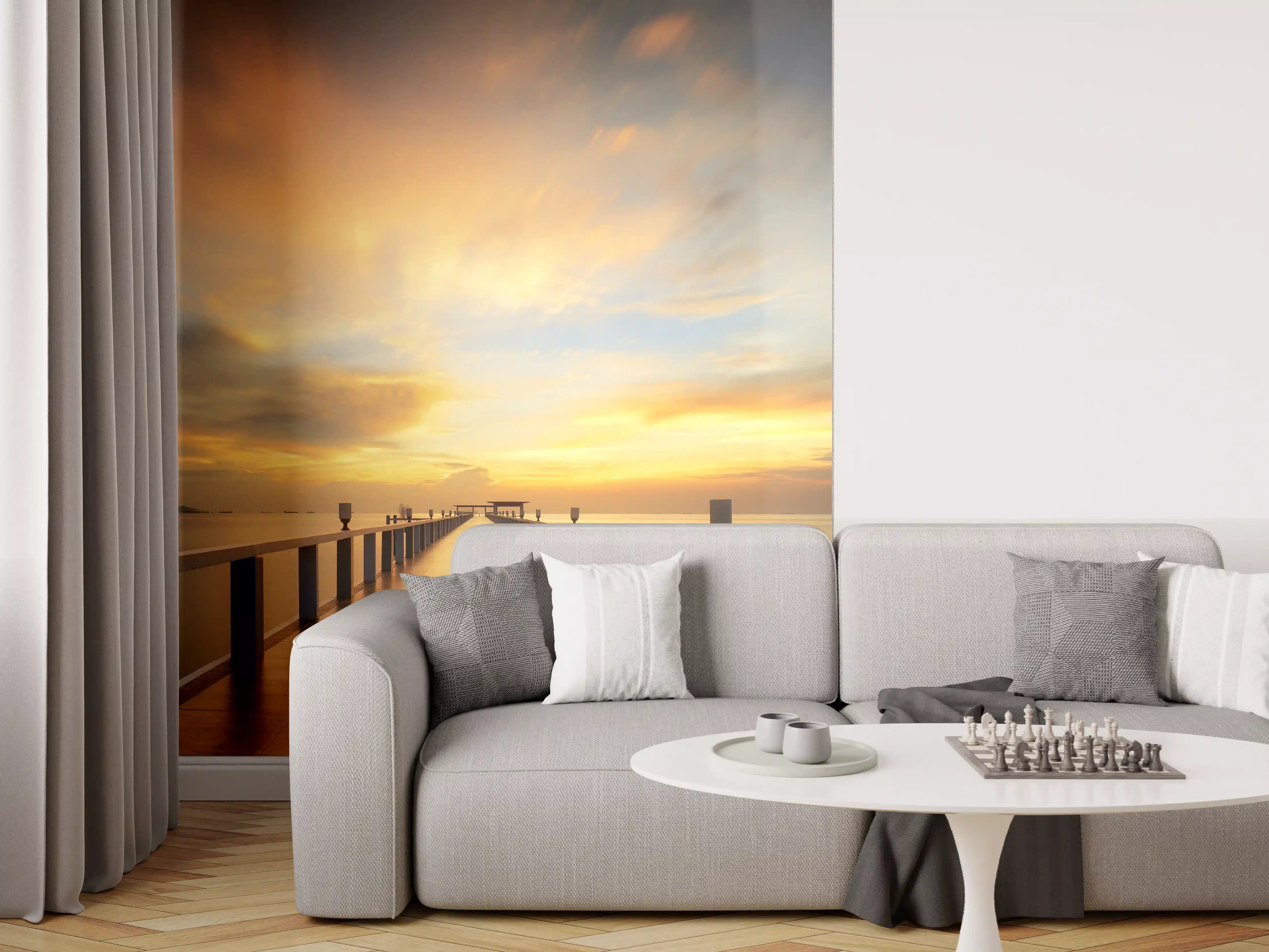 Wandverkleidung Wohnzimmer - Romantischer Sonnenuntergang am Pier