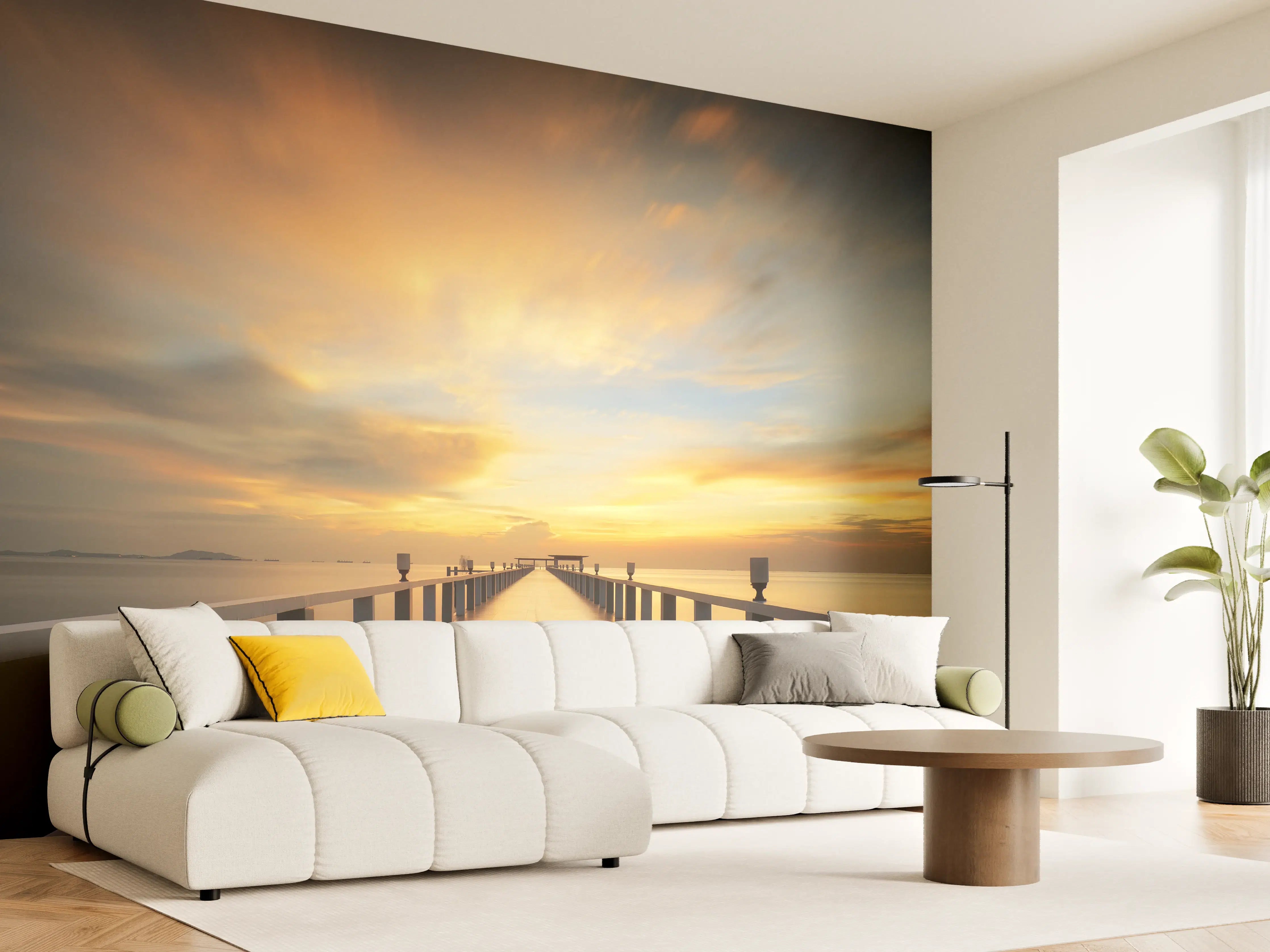 Wandverkleidung Wohnzimmer - Romantischer Sonnenuntergang am Pier