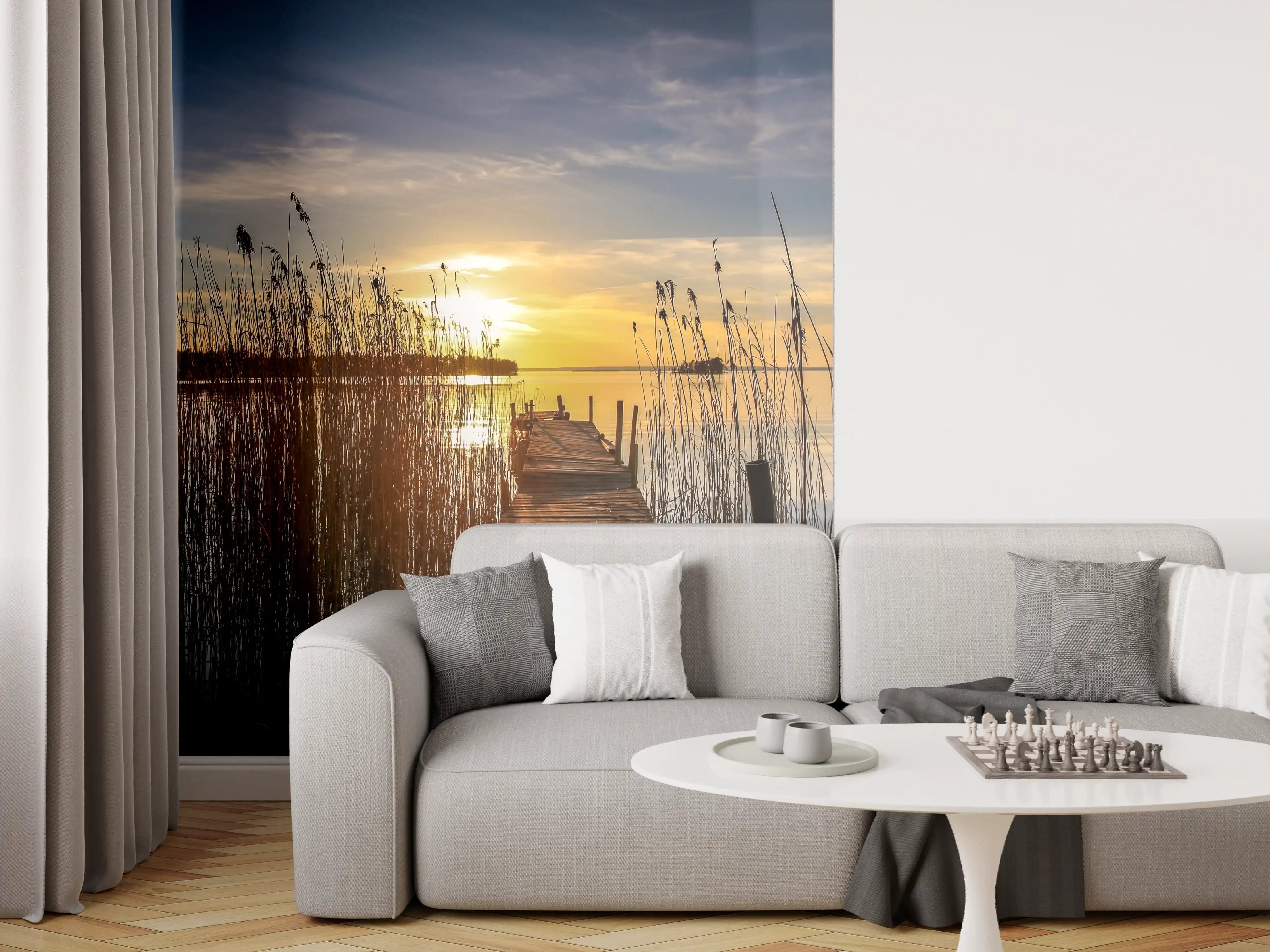 Wandverkleidung Wohnzimmer - Romantischer Sonnenuntergang am Steg