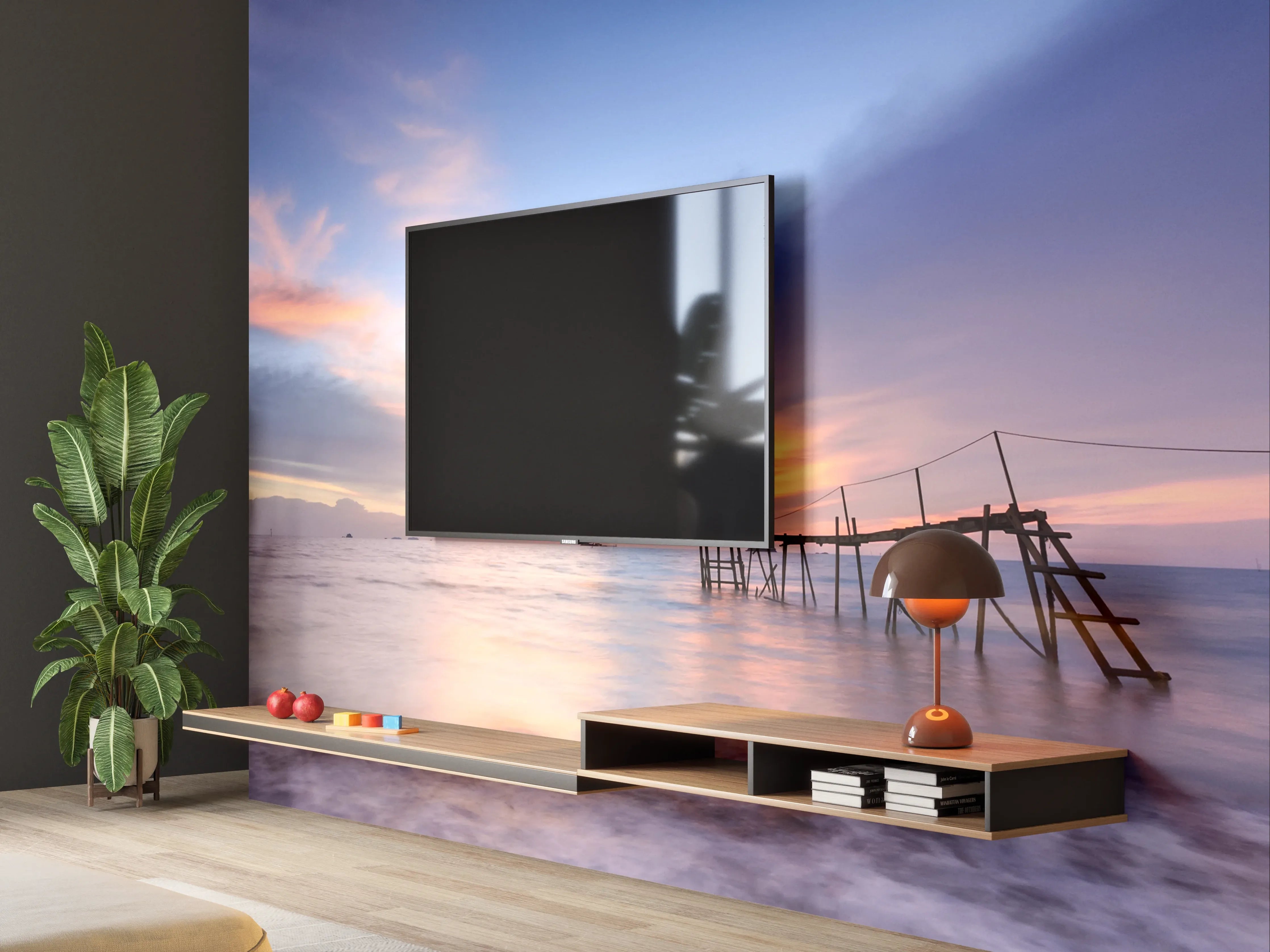 Wandverkleidung Wohnzimmer - Romantischer Sonnenuntergang über dem Meer mit verfallener Pier