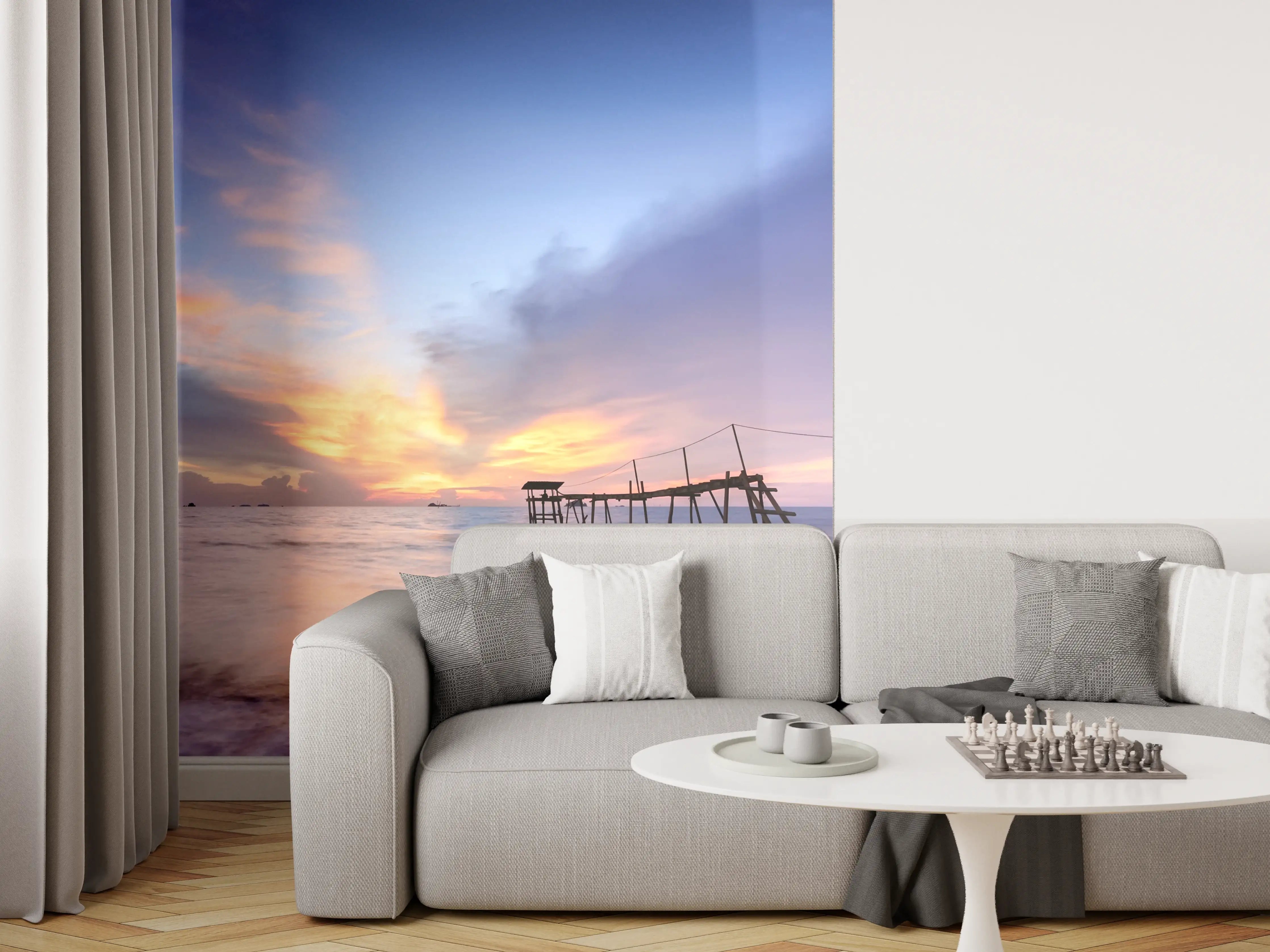Wandverkleidung Wohnzimmer - Romantischer Sonnenuntergang über dem Meer mit verfallener Pier