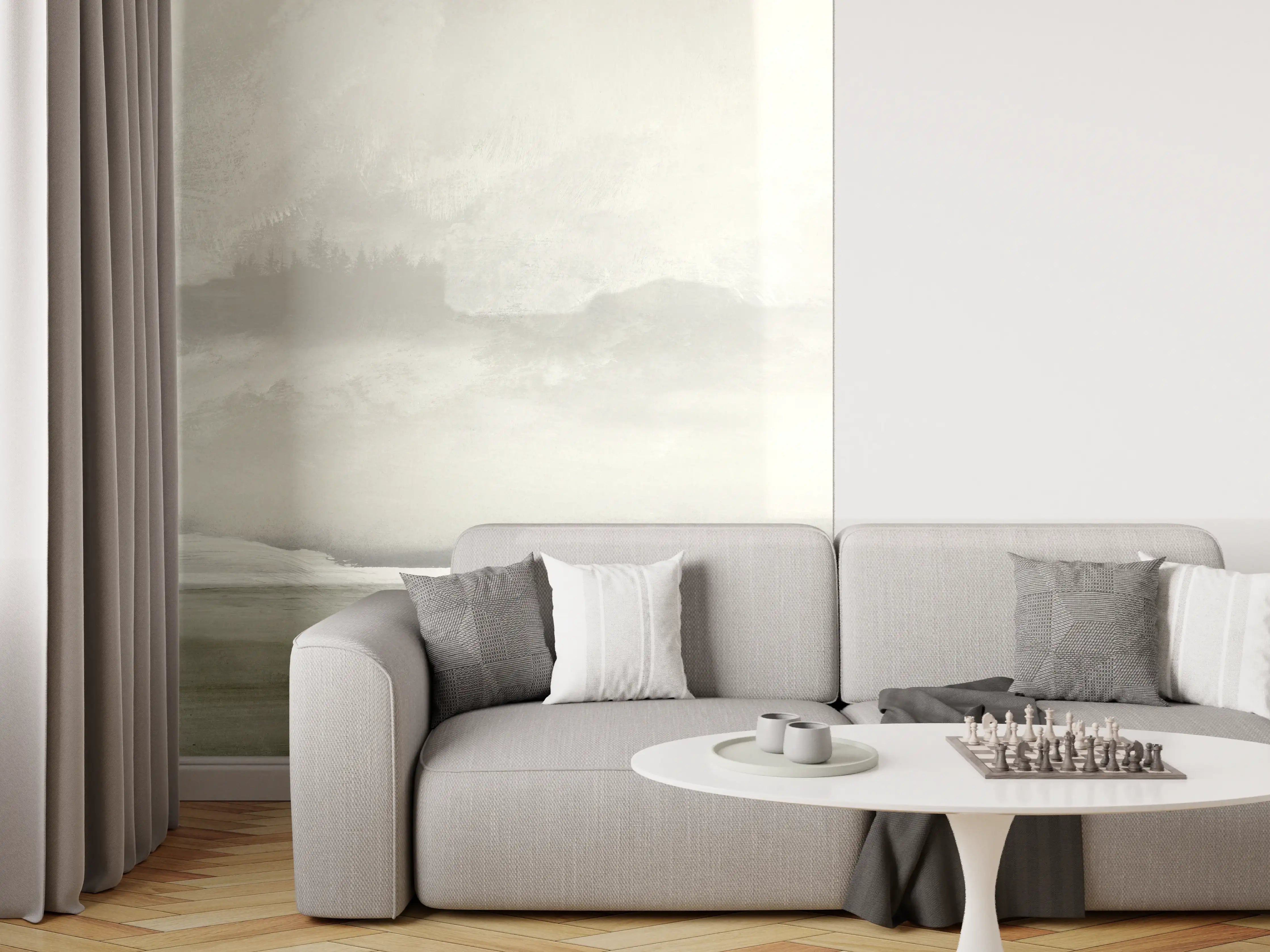 Wandverkleidung Wohnzimmer - Romantisches Meerespanorama in Grau-Weiß