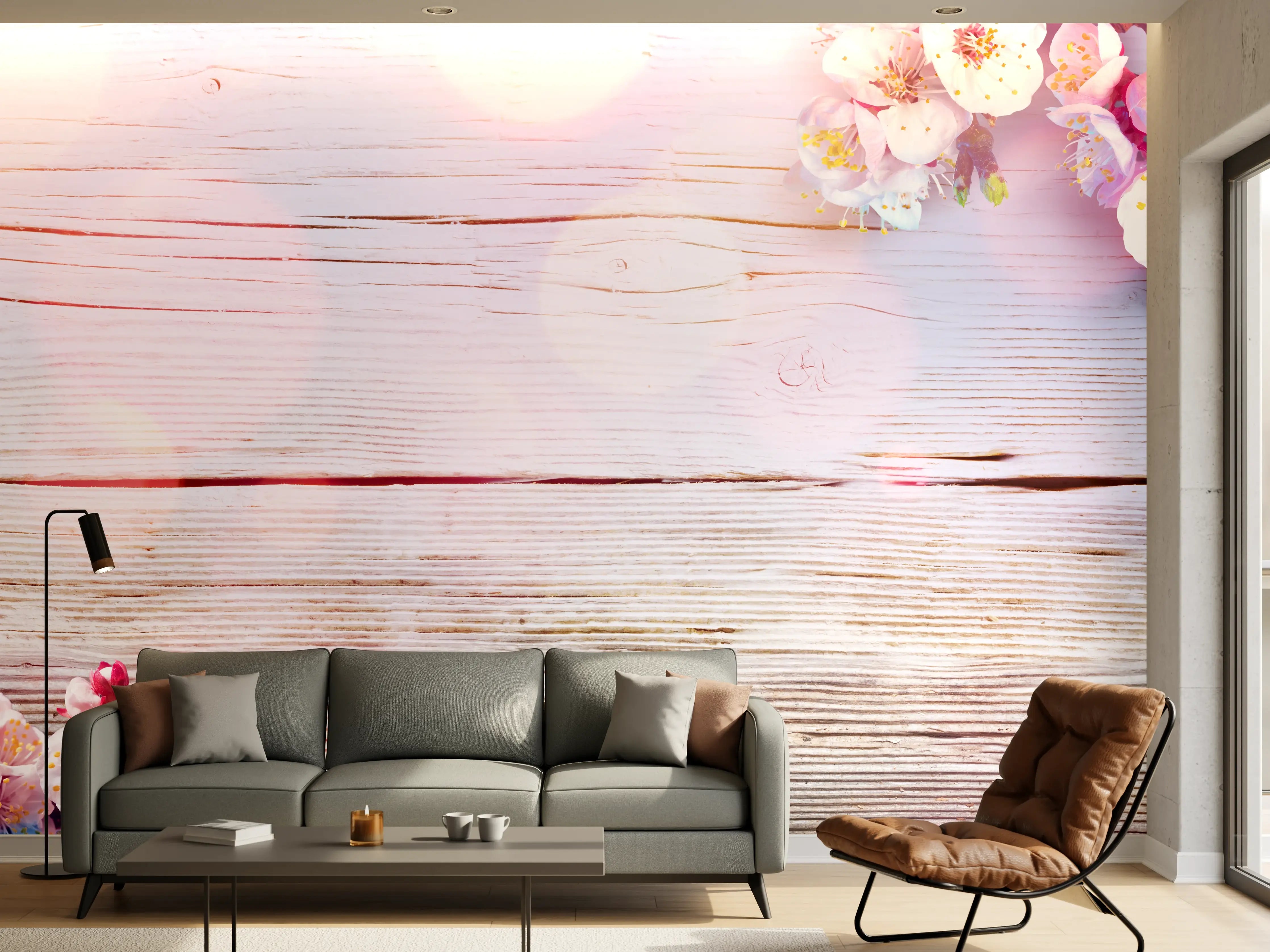Wandverkleidung Wohnzimmer - Rosa Blüten auf Holzplatte