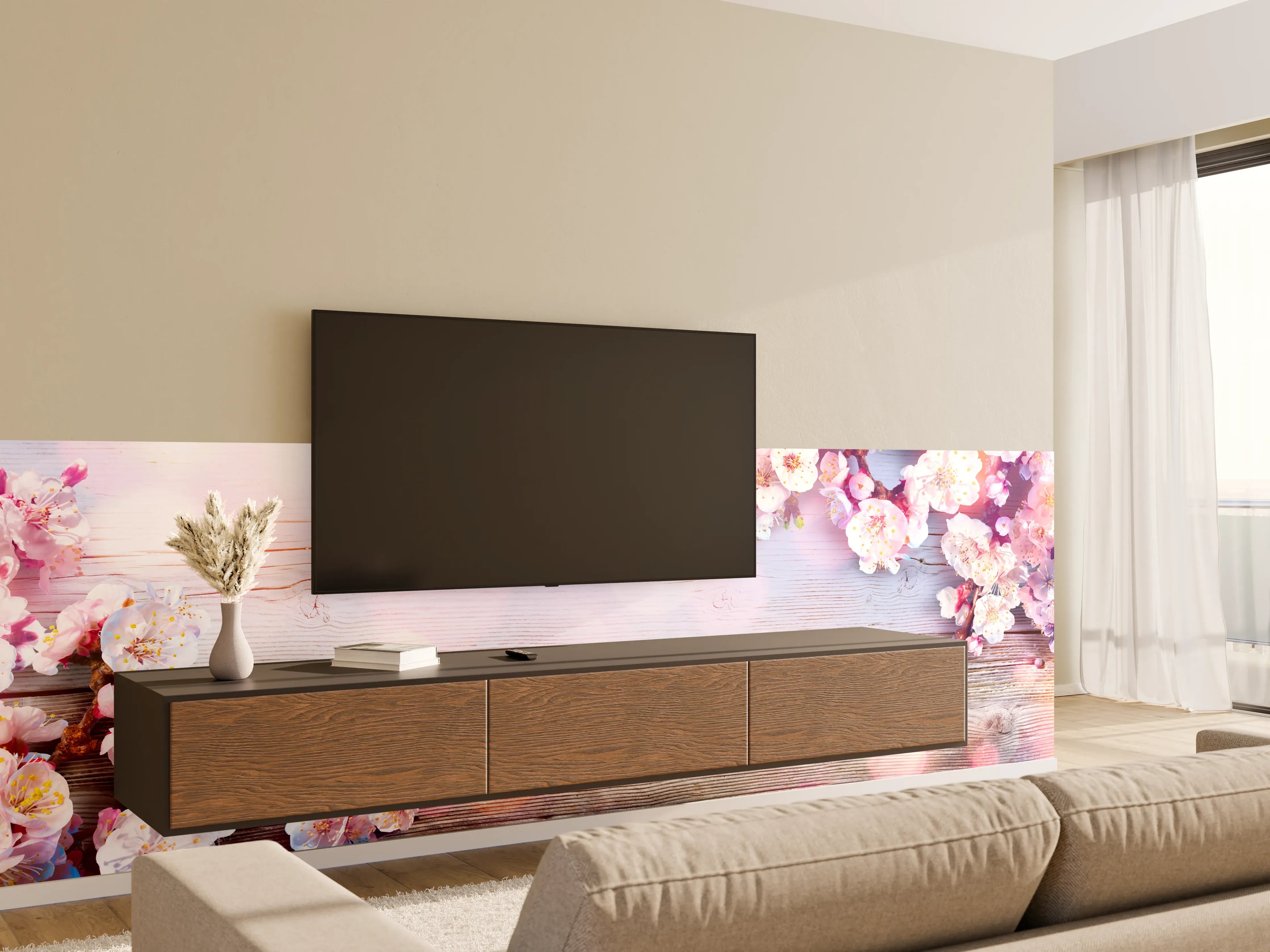 Wandverkleidung Wohnzimmer - Rosa Blüten auf Holzplatte
