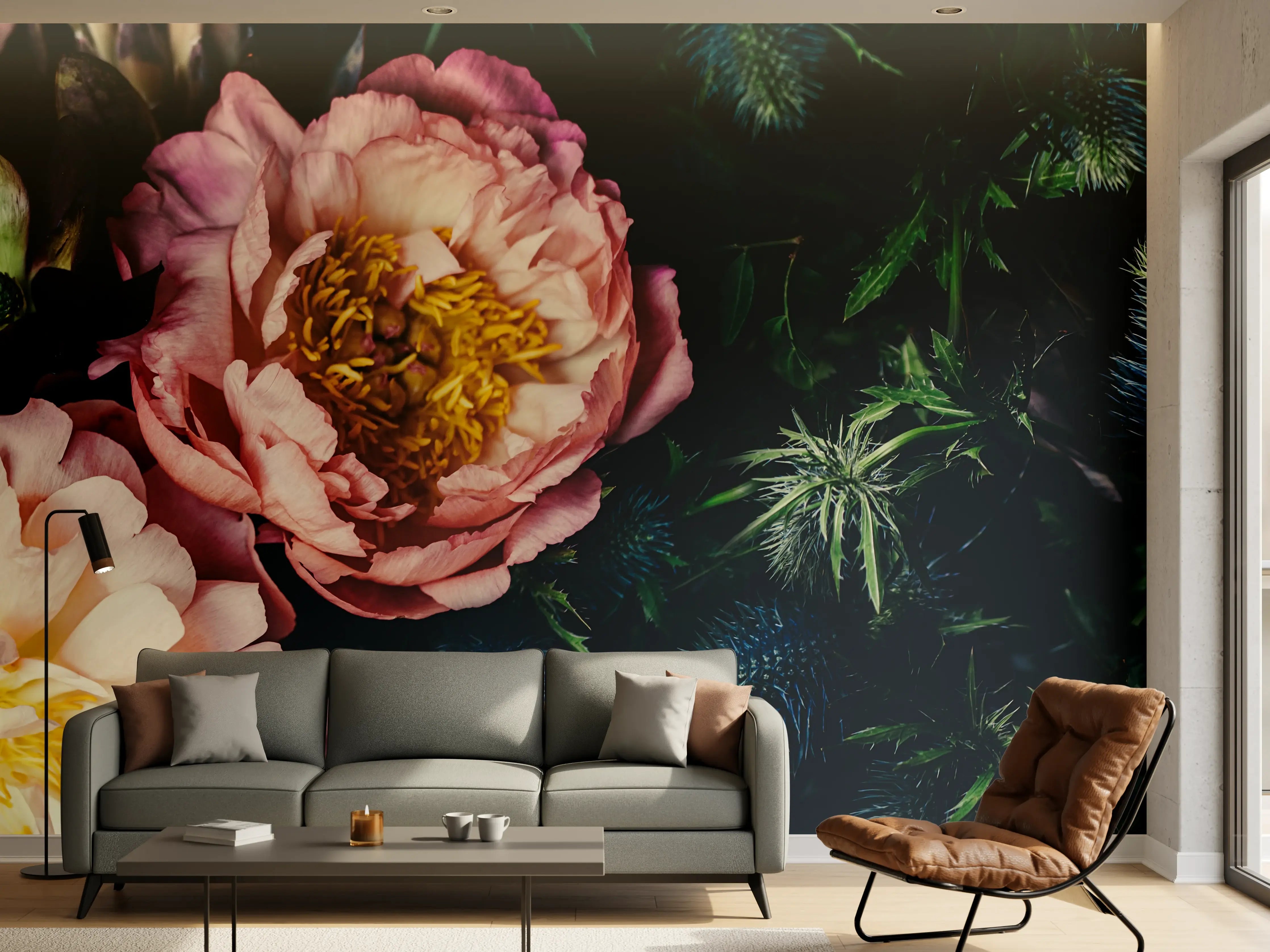 Wandverkleidung Wohnzimmer - Rosa Blüten auf einer Wiese