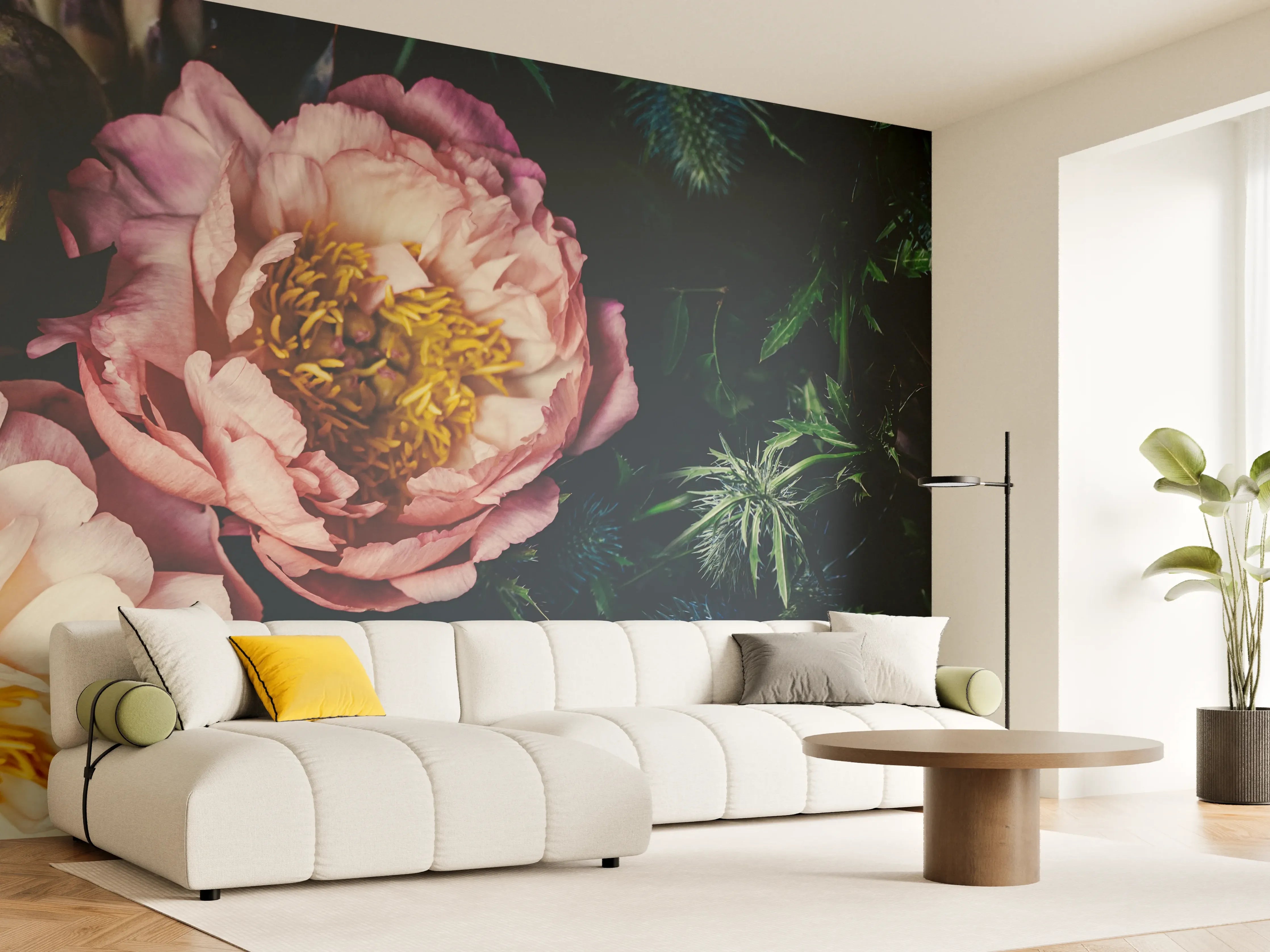 Wandverkleidung Wohnzimmer - Rosa Blüten auf einer Wiese