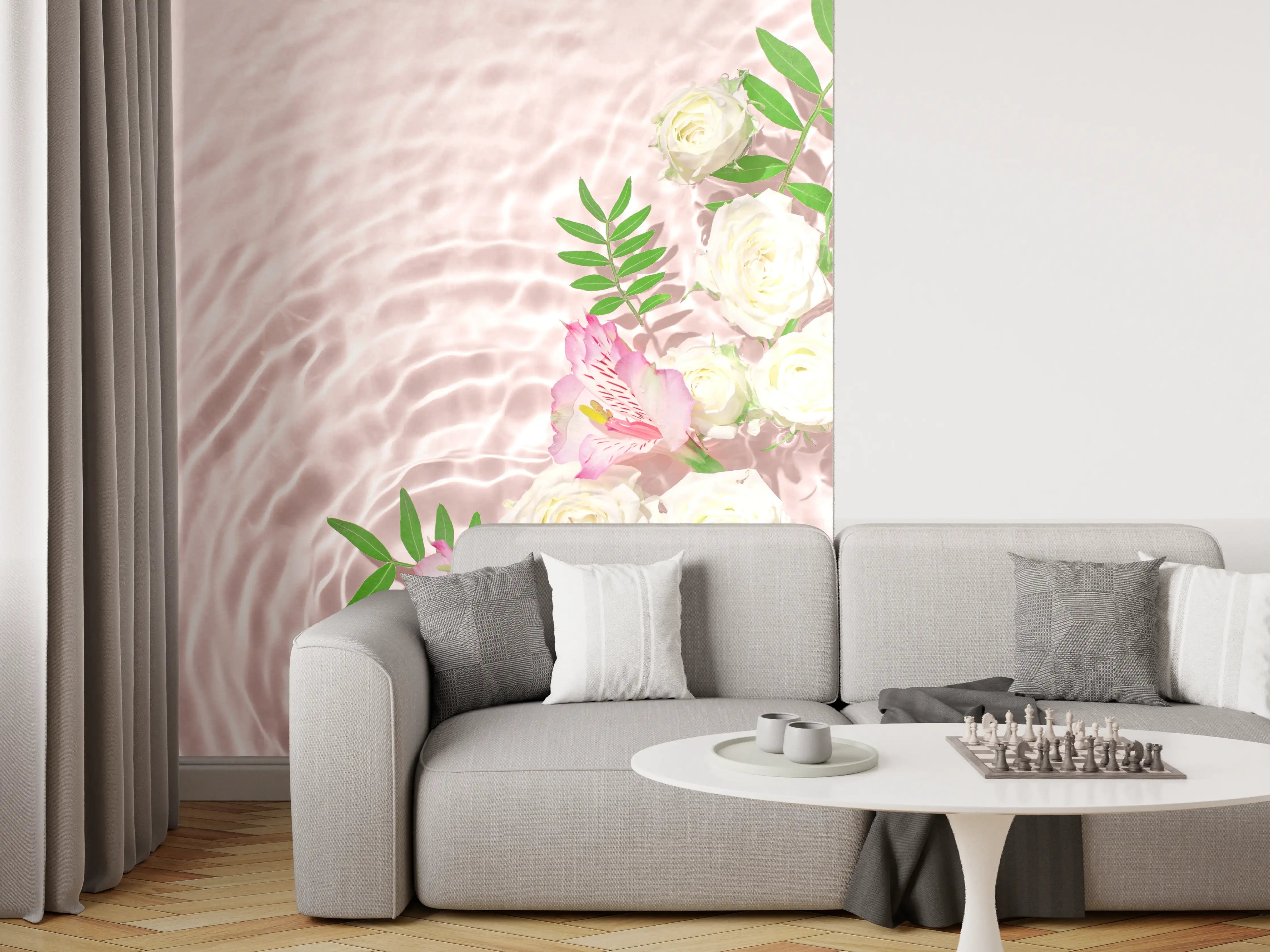 Wandverkleidung Wohnzimmer - Rosa Blumen auf Wasser
