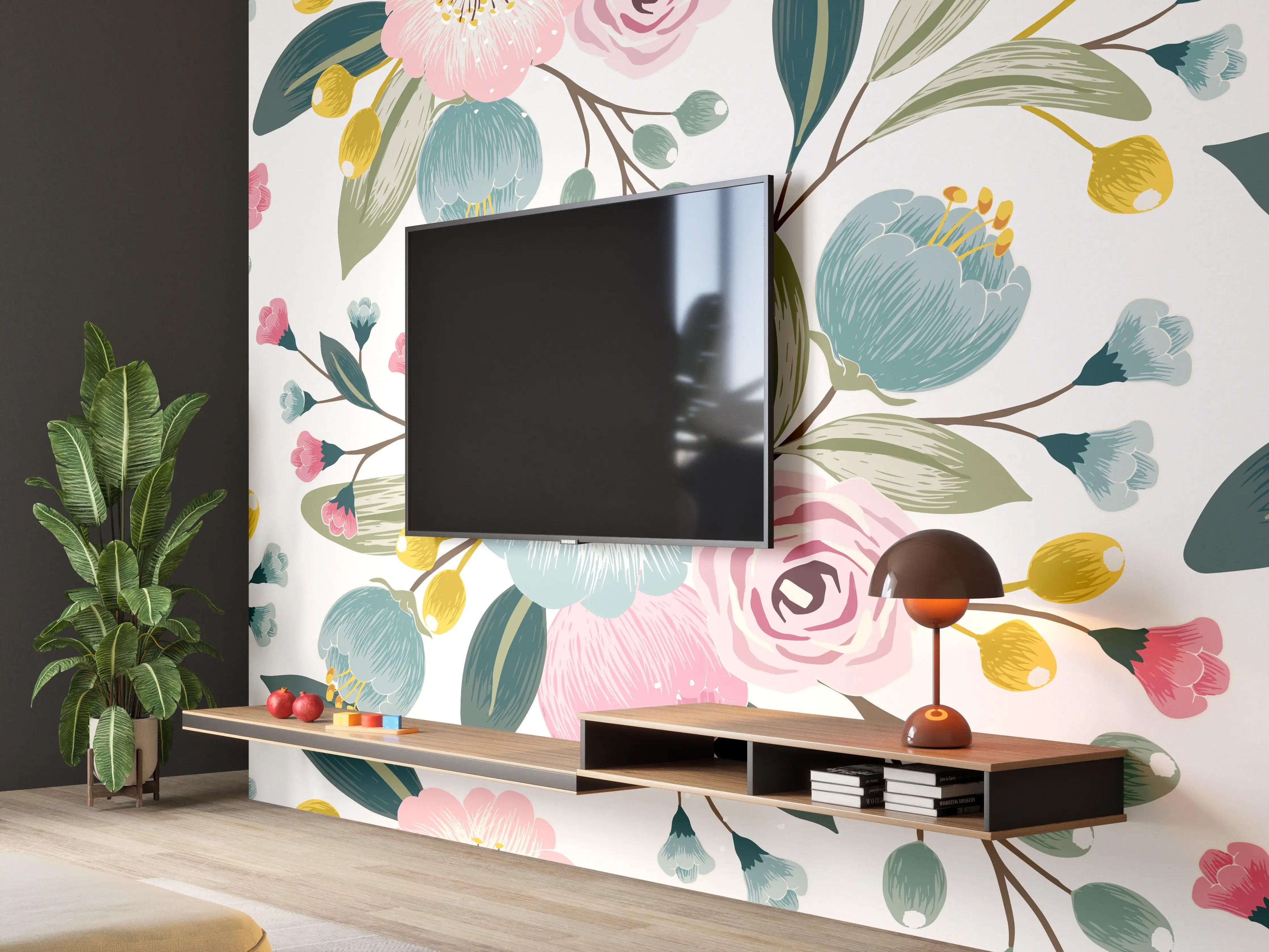Wandverkleidung Wohnzimmer - Rosa Blumenmuster Tapete