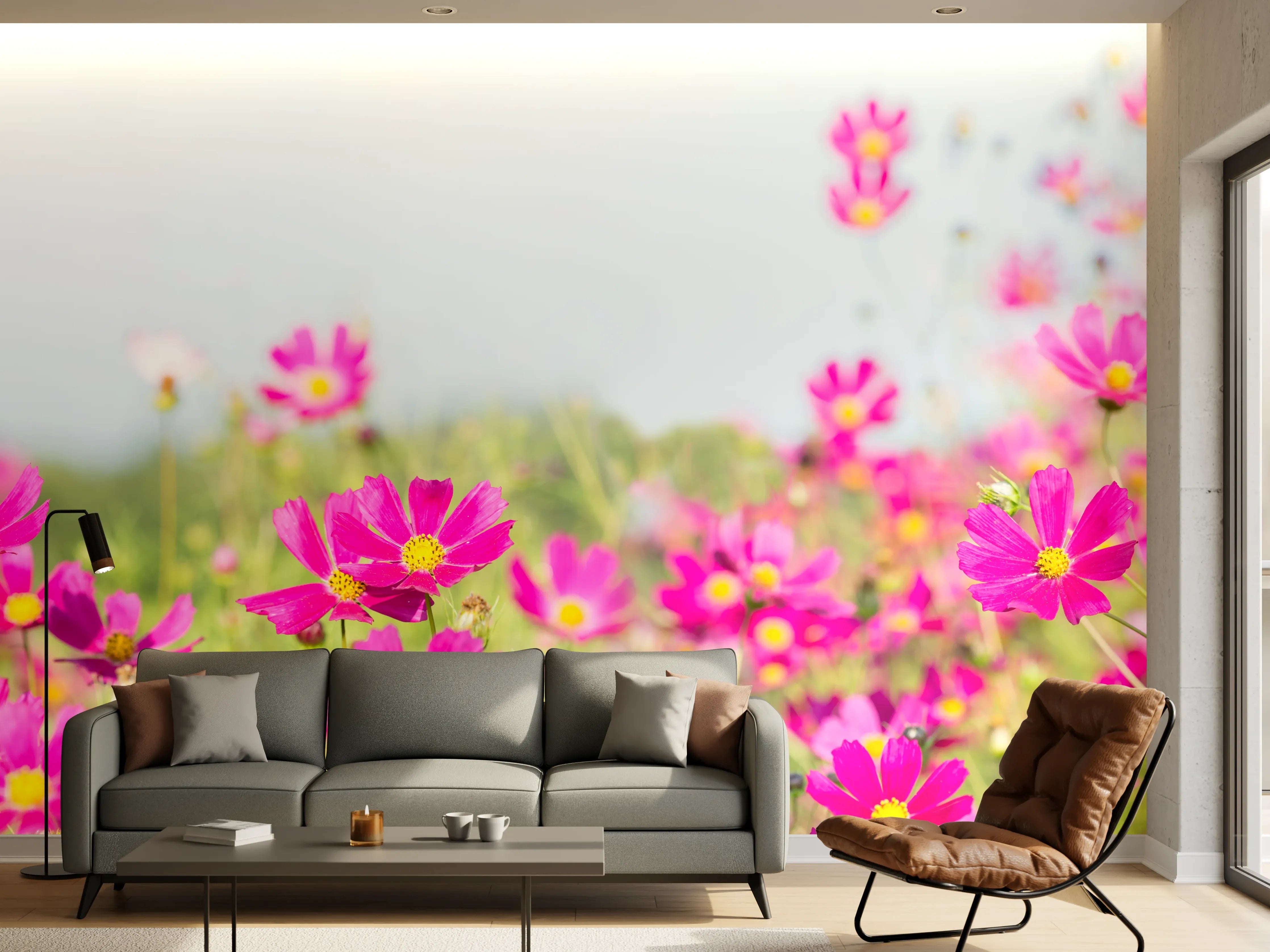 Wandverkleidung Wohnzimmer - Rosa Blumenwiese Panorama