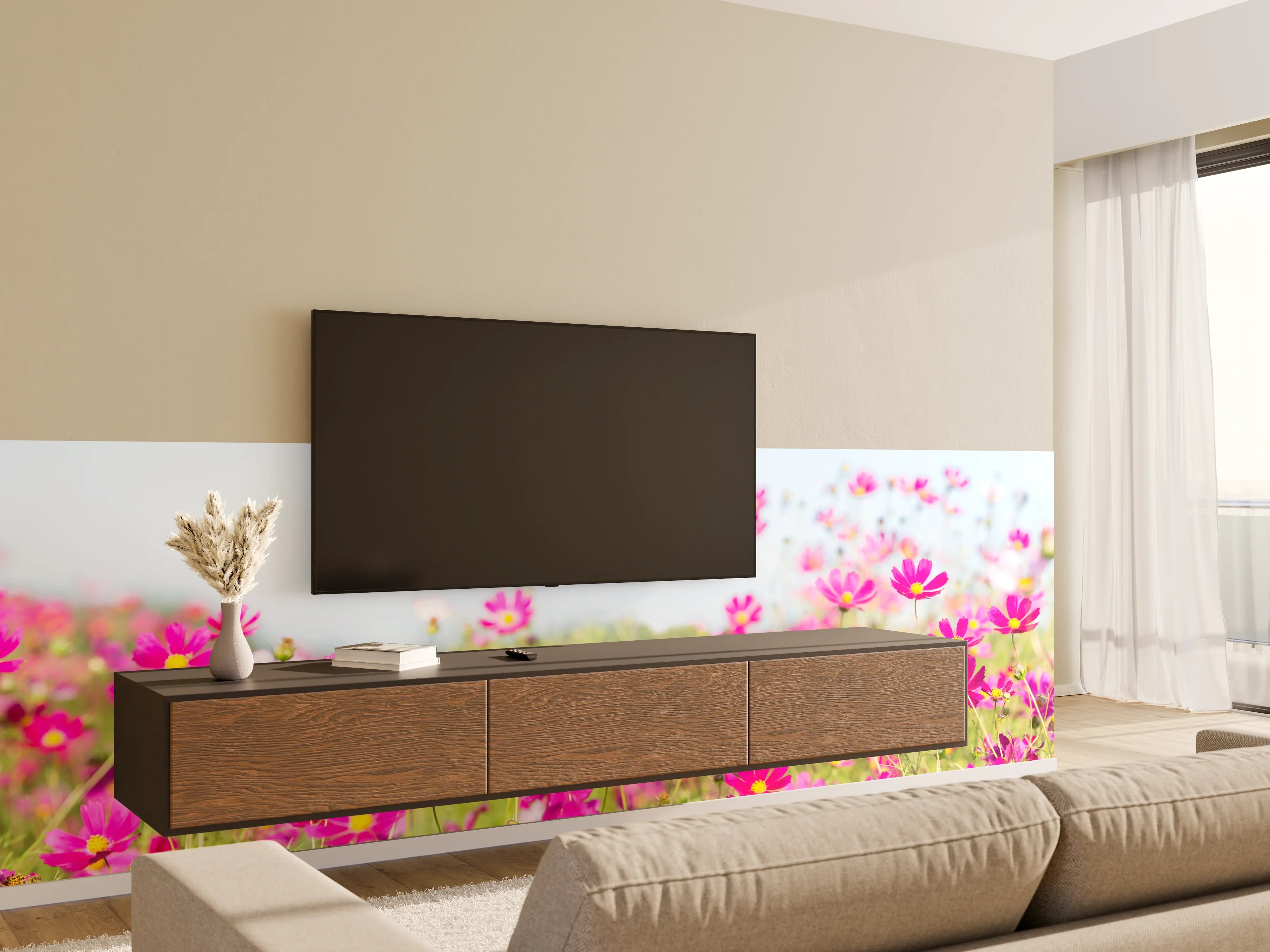 Wandverkleidung Wohnzimmer - Rosa Blumenwiese Panorama