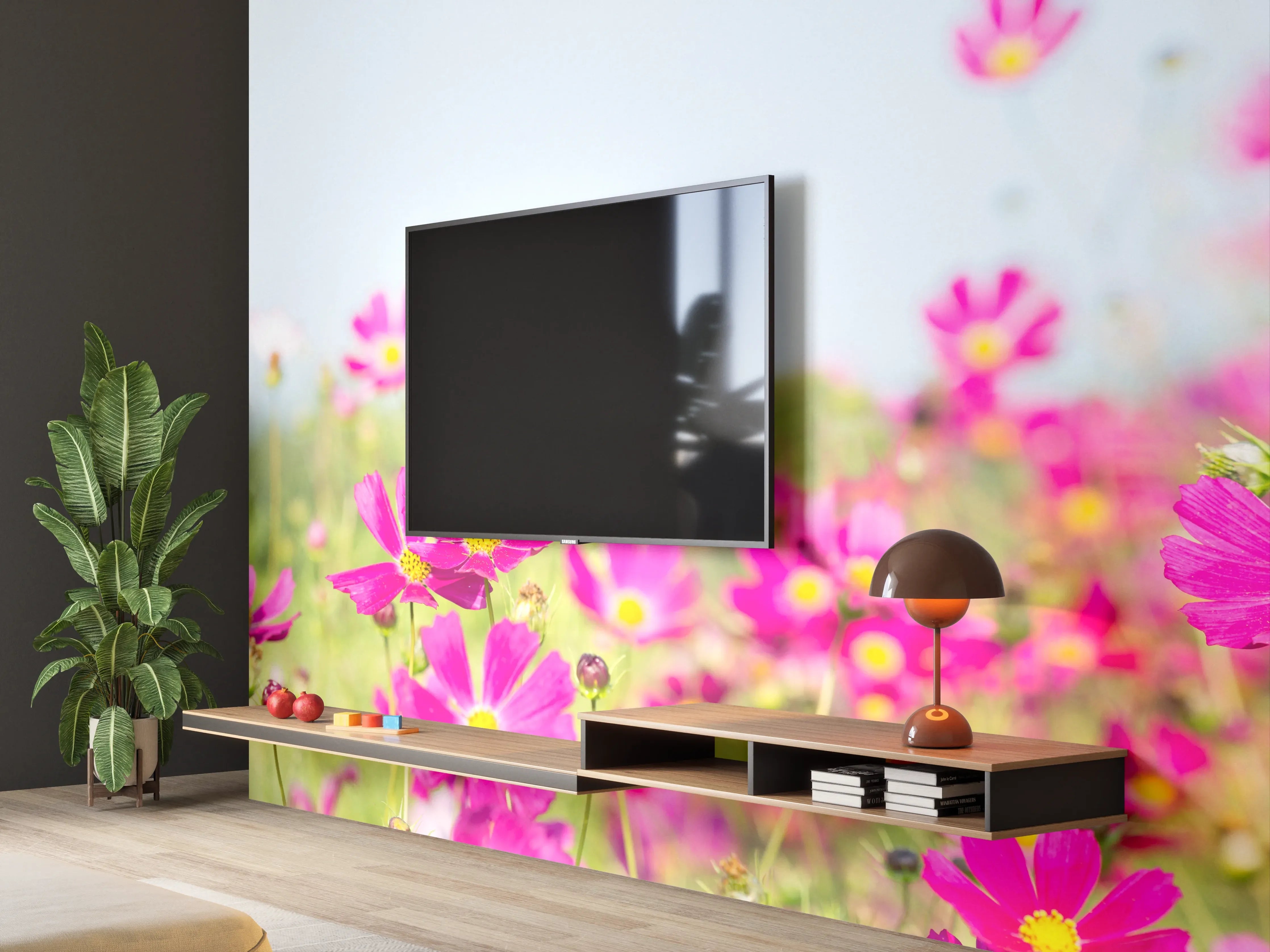 Wandverkleidung Wohnzimmer - Rosa Blumenwiese Panorama