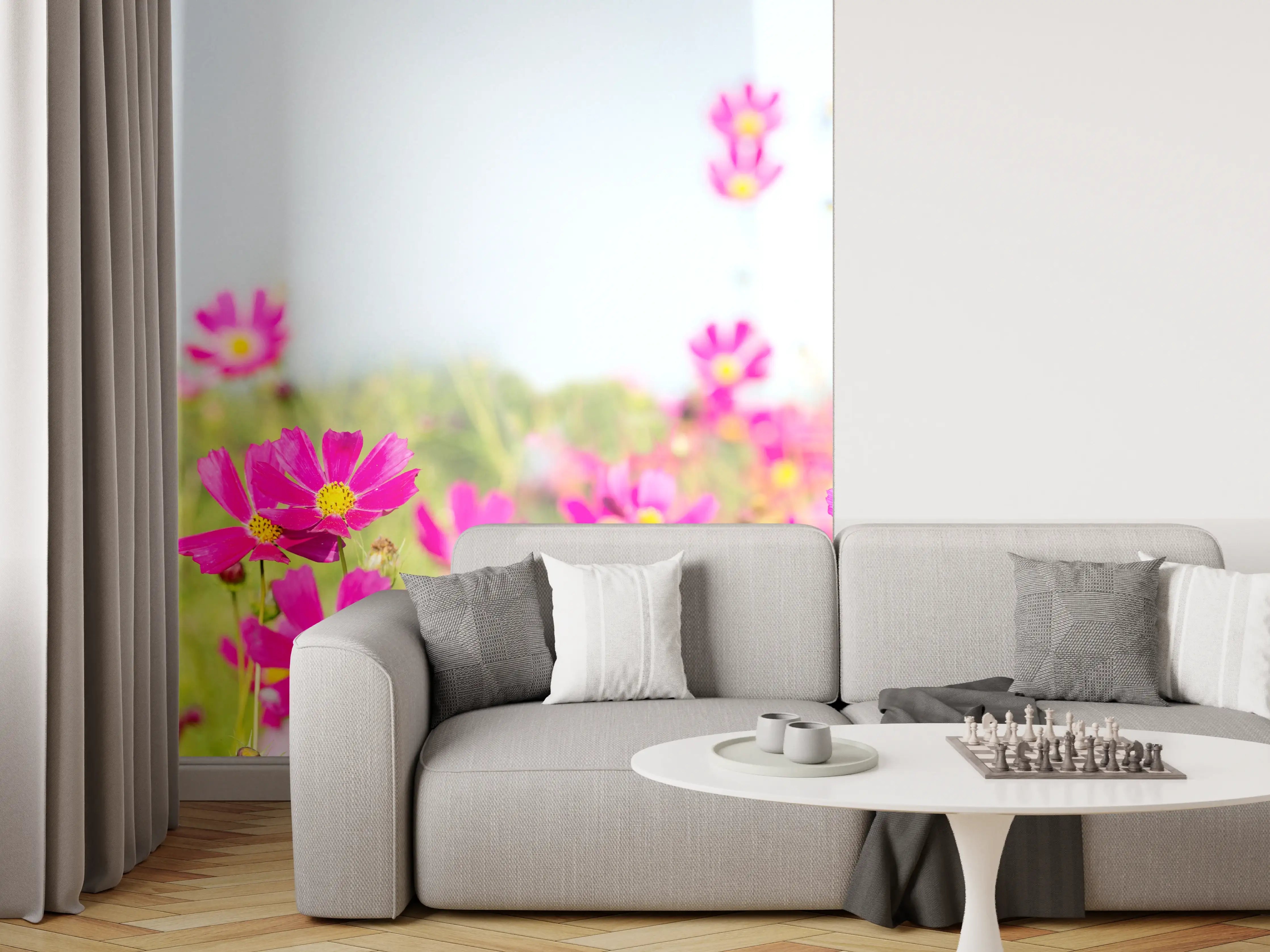Wandverkleidung Wohnzimmer - Rosa Blumenwiese Panorama