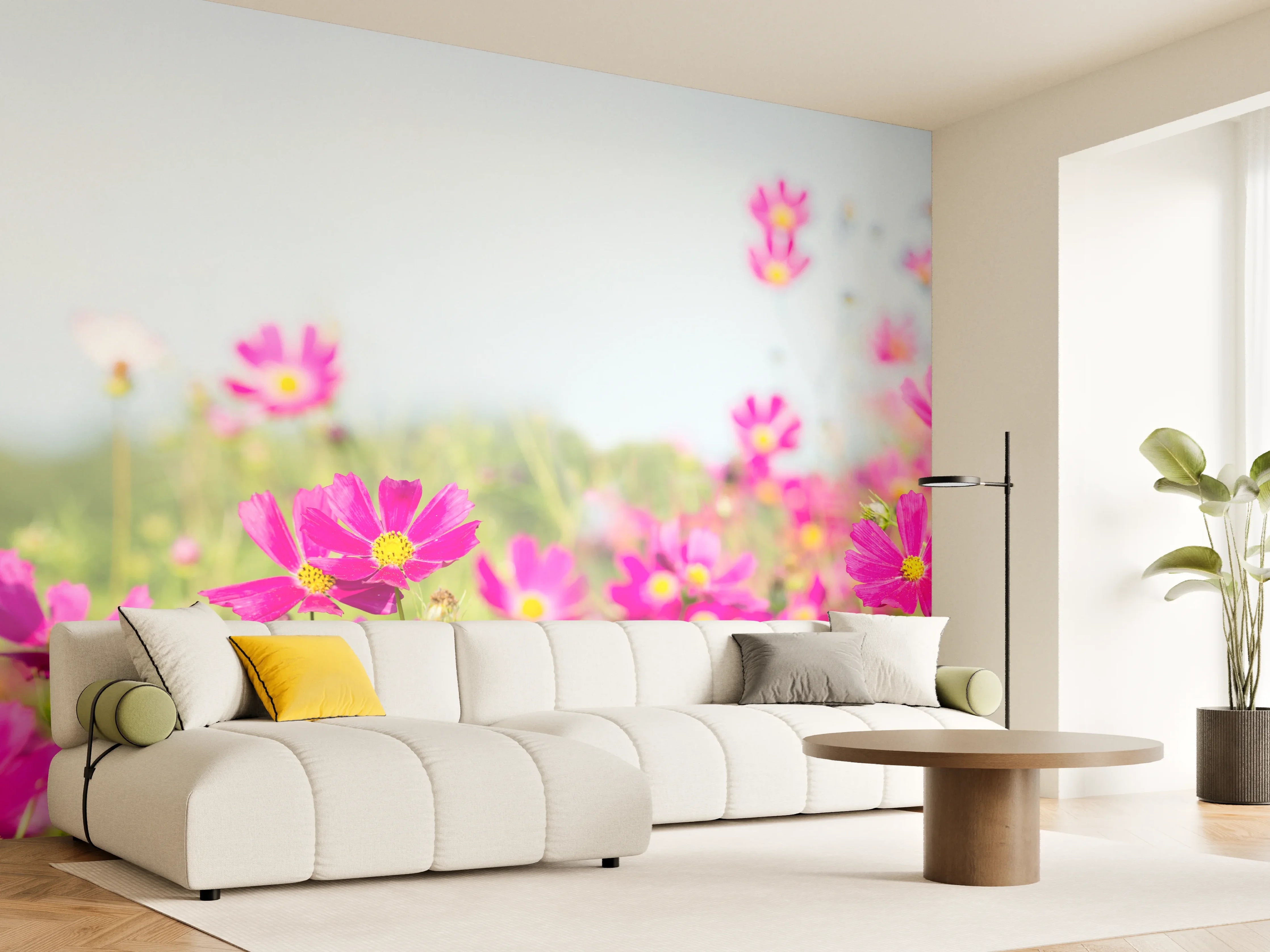 Wandverkleidung Wohnzimmer - Rosa Blumenwiese Panorama