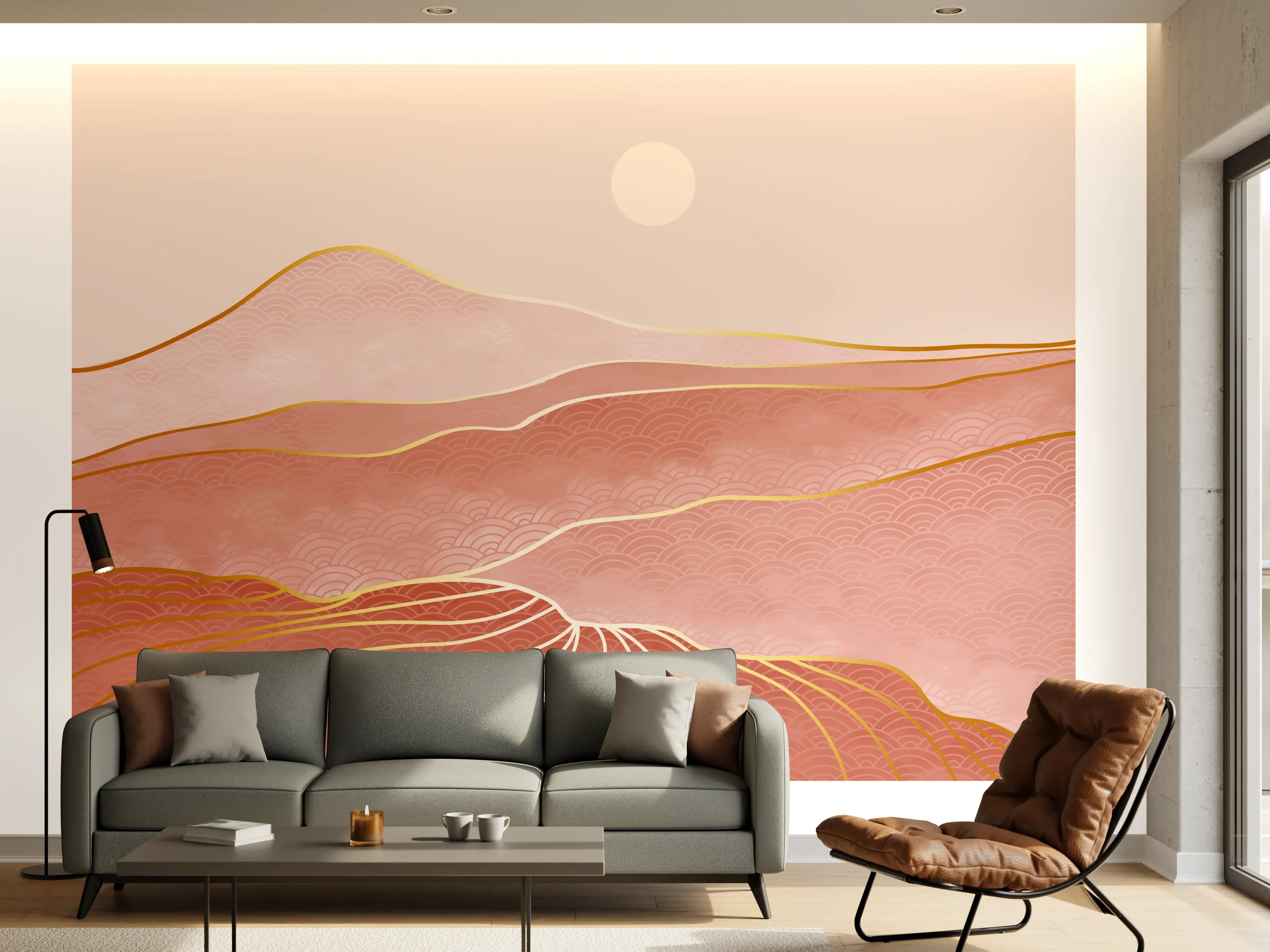 Wandverkleidung Wohnzimmer - Rosa-Hügellandschaft bei Sonnenuntergang