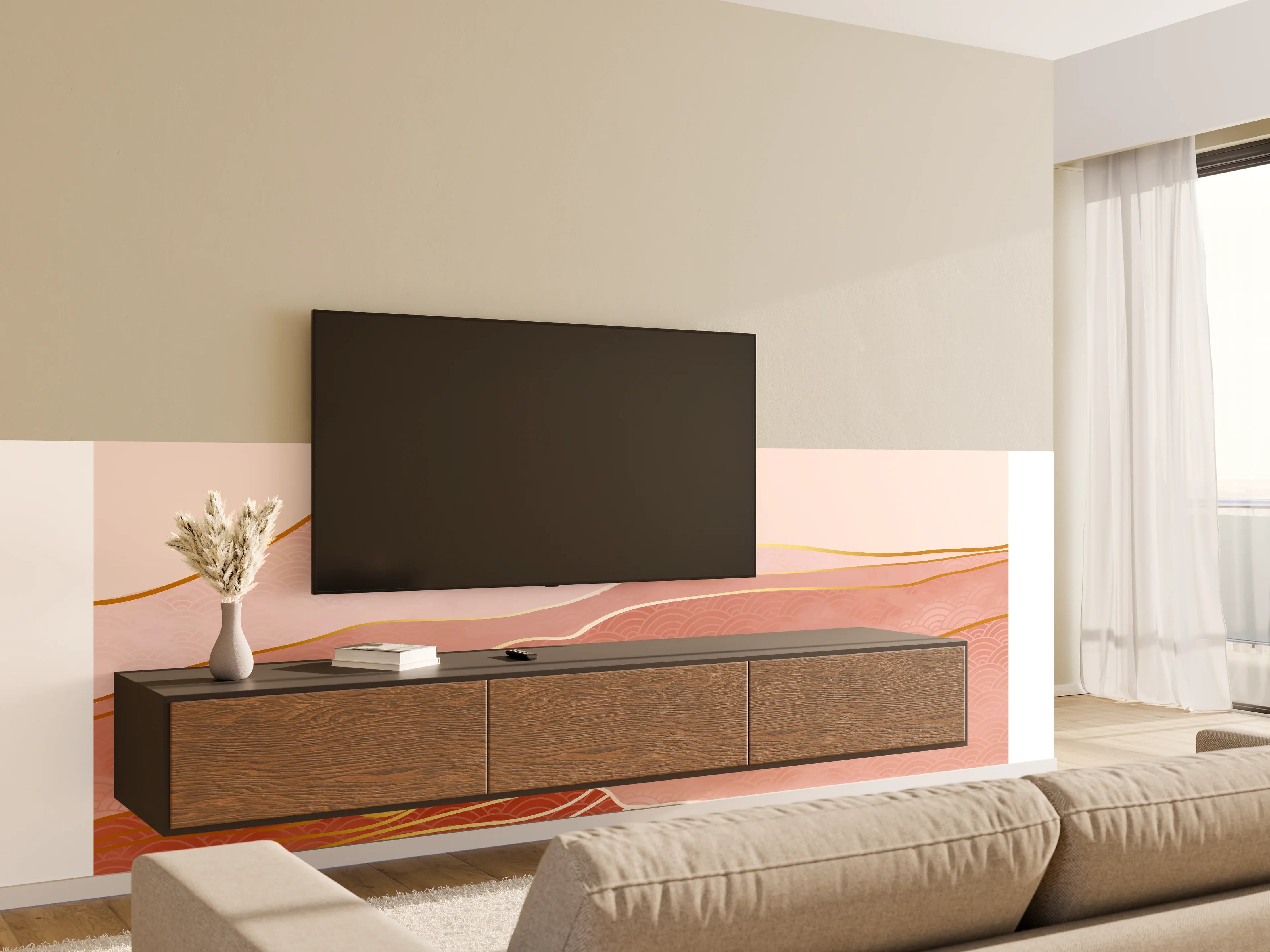 Wandverkleidung Wohnzimmer - Rosa-Hügellandschaft bei Sonnenuntergang