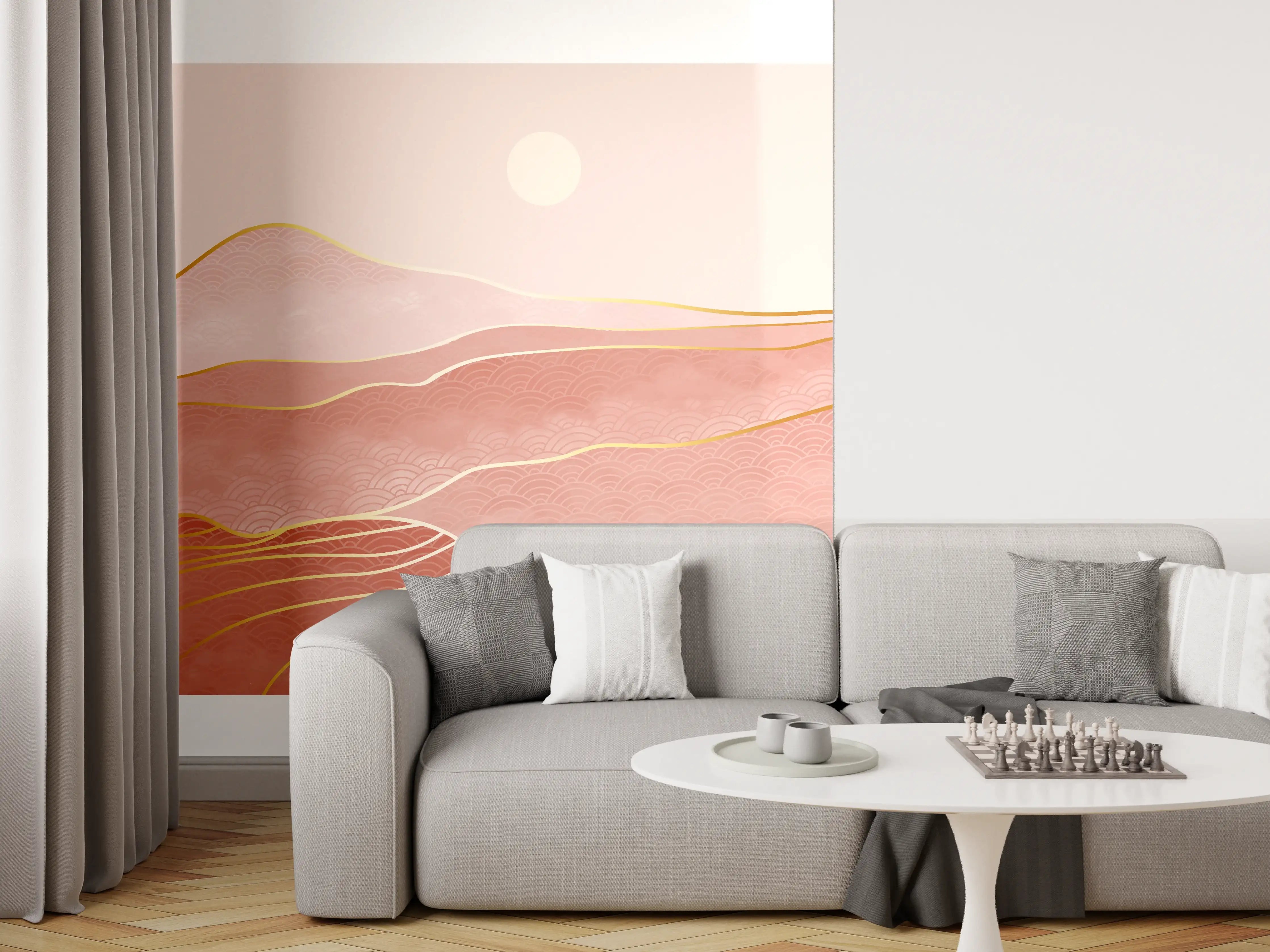 Wandverkleidung Wohnzimmer - Rosa-Hügellandschaft bei Sonnenuntergang