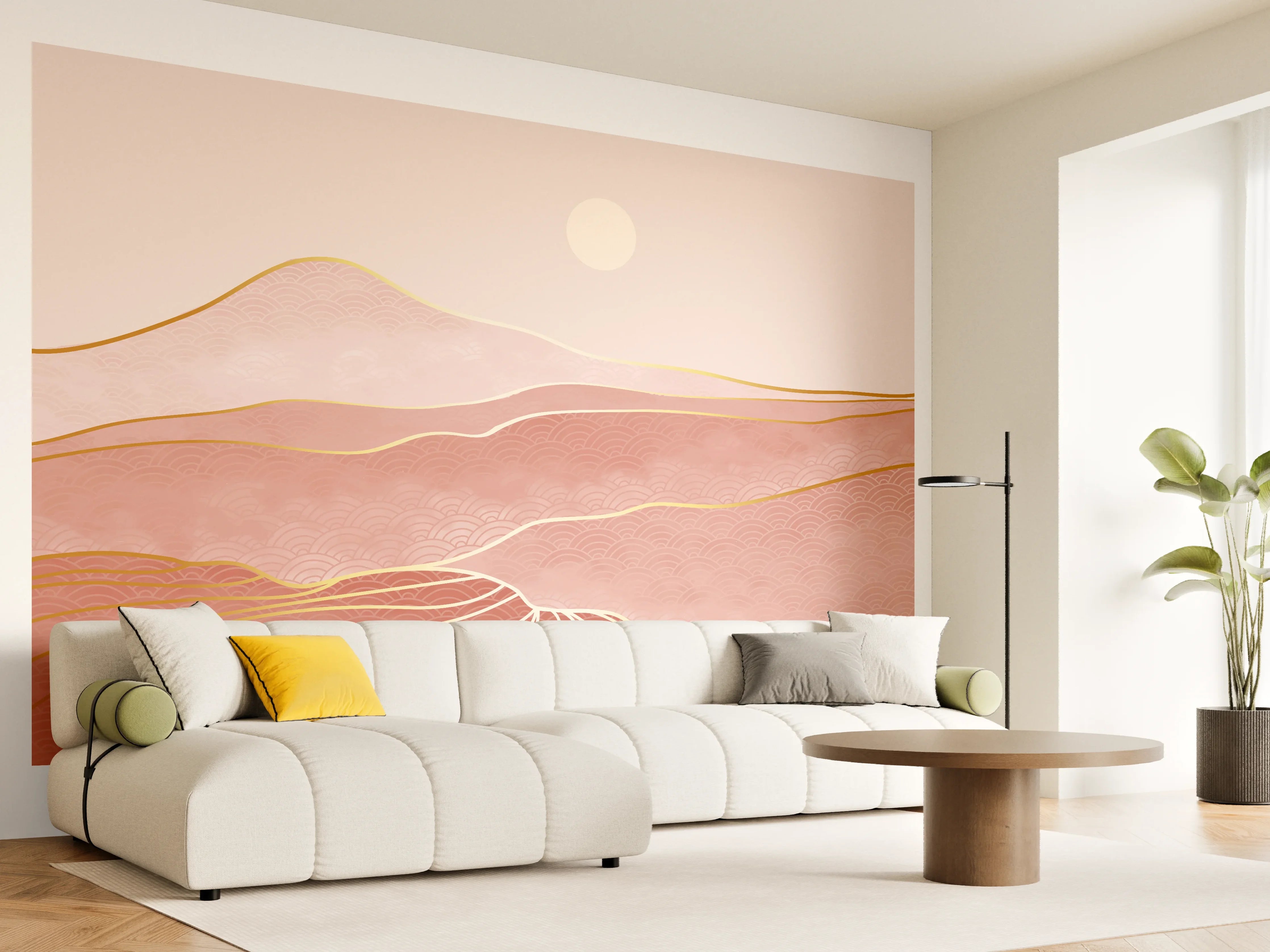 Wandverkleidung Wohnzimmer - Rosa-Hügellandschaft bei Sonnenuntergang