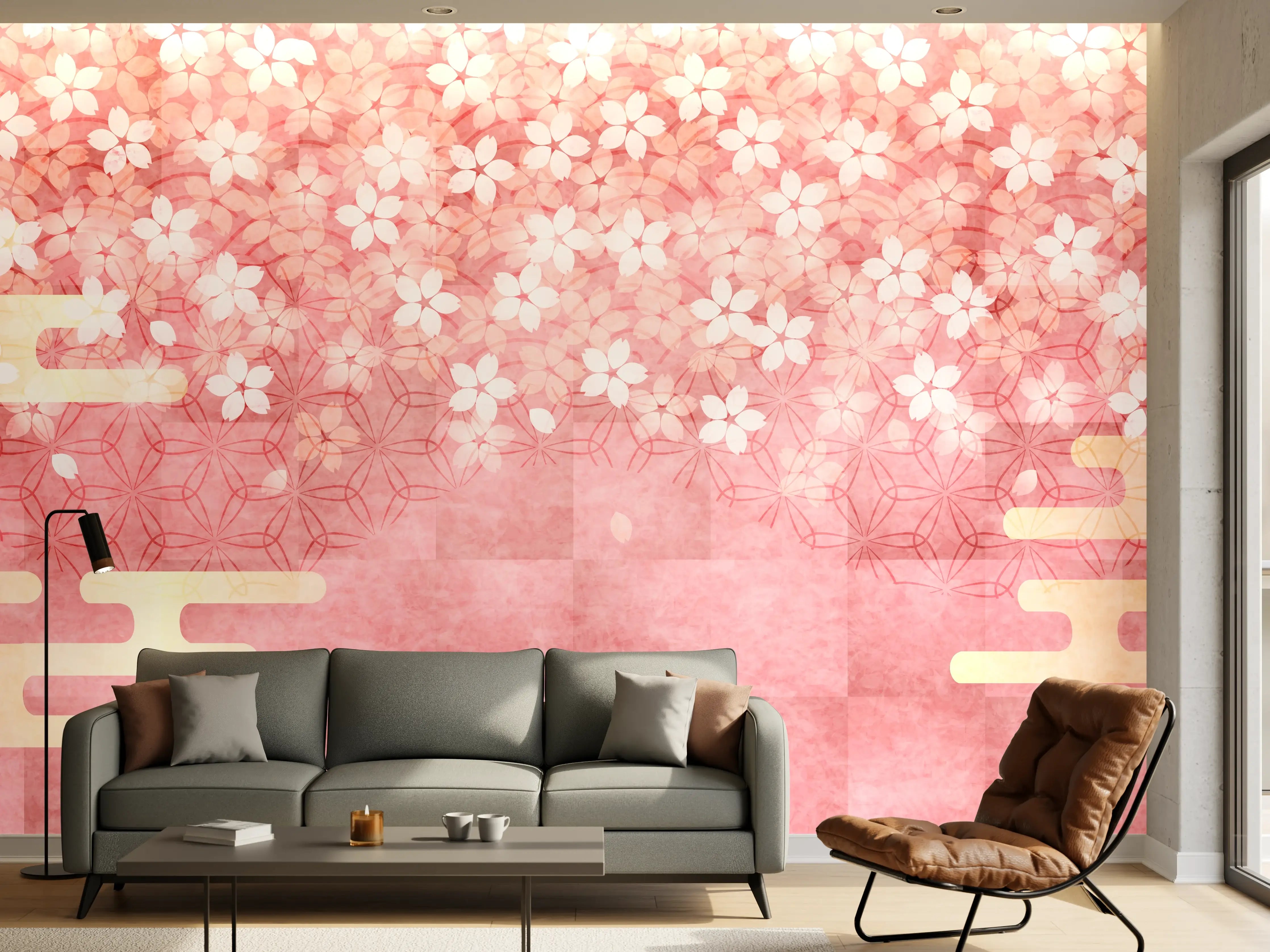 Wandverkleidung Wohnzimmer - Rosa Kirschblüten Muster