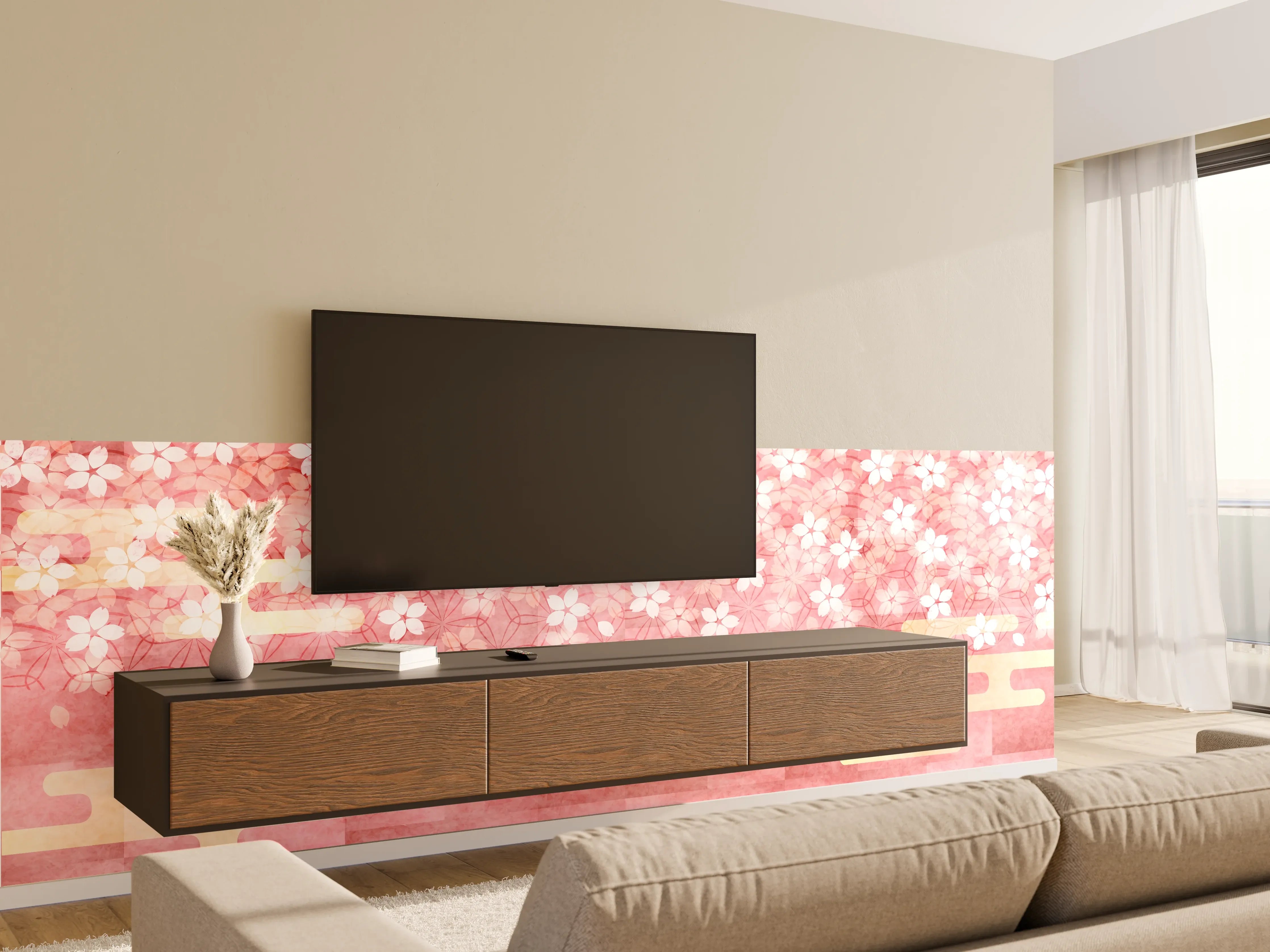 Wandverkleidung Wohnzimmer - Rosa Kirschblüten Muster