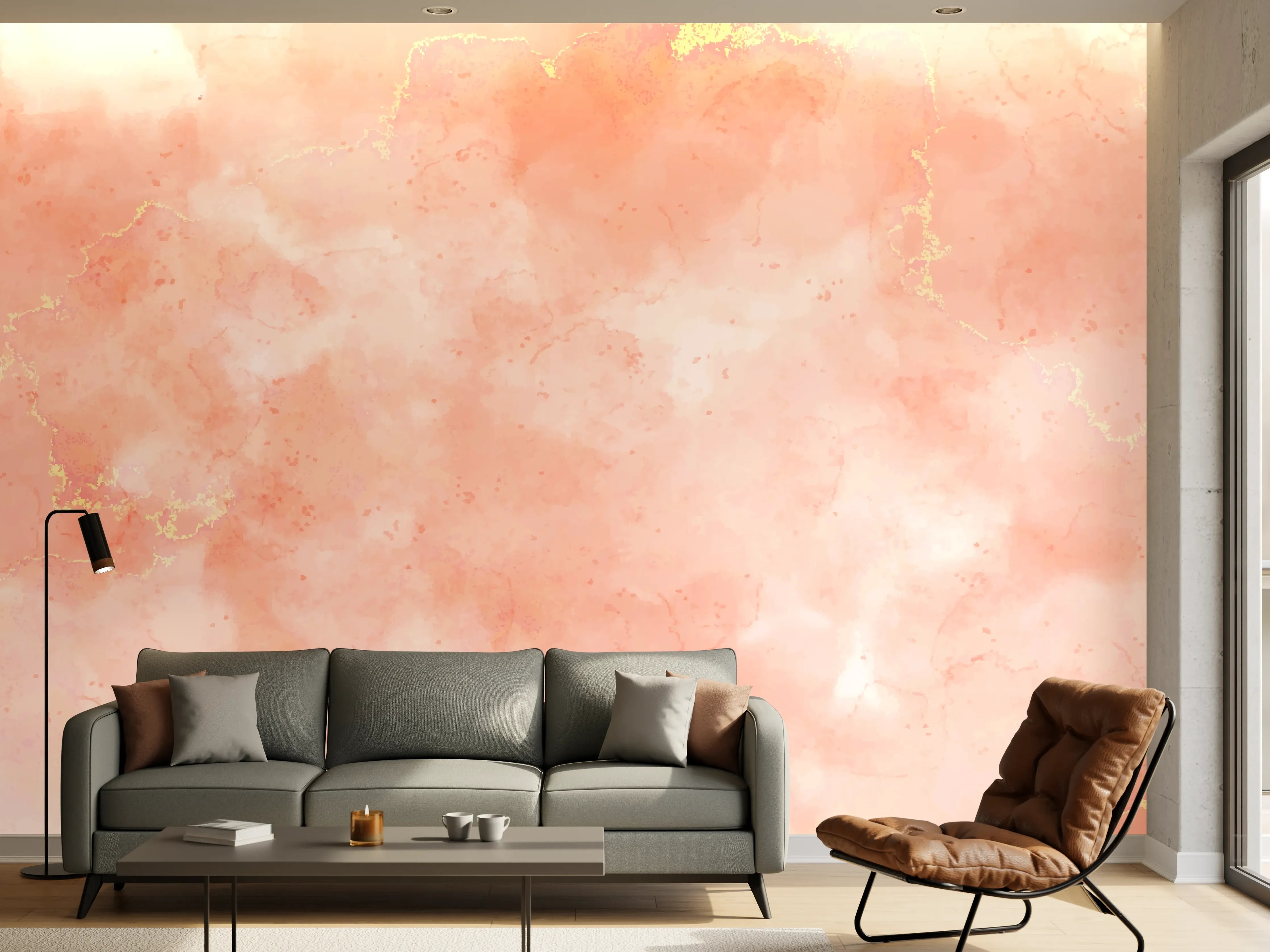 Wandverkleidung Wohnzimmer - Rosa Marmor Textur mit Goldakzenten