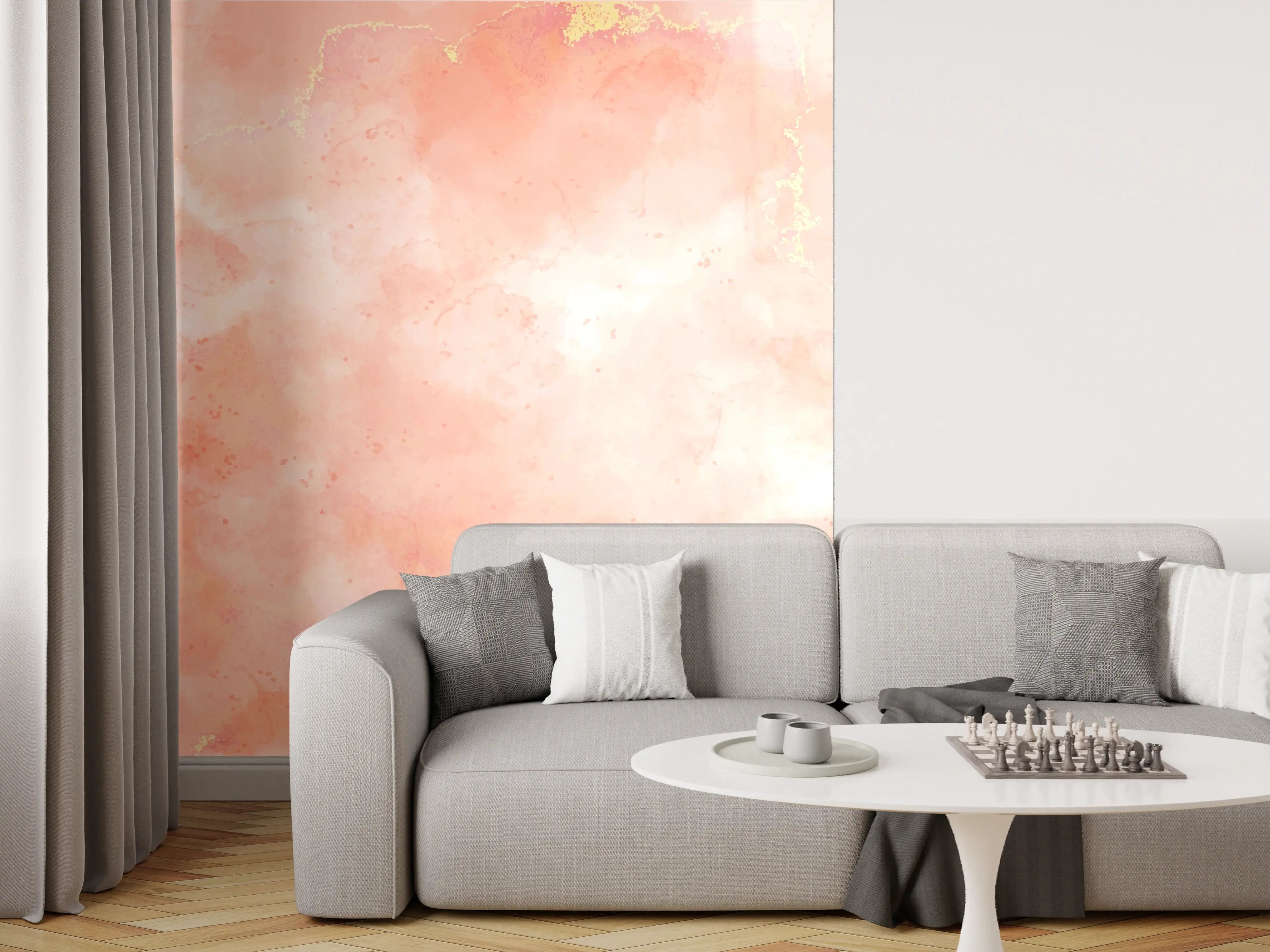 Wandverkleidung Wohnzimmer - Rosa Marmor Textur mit Goldakzenten