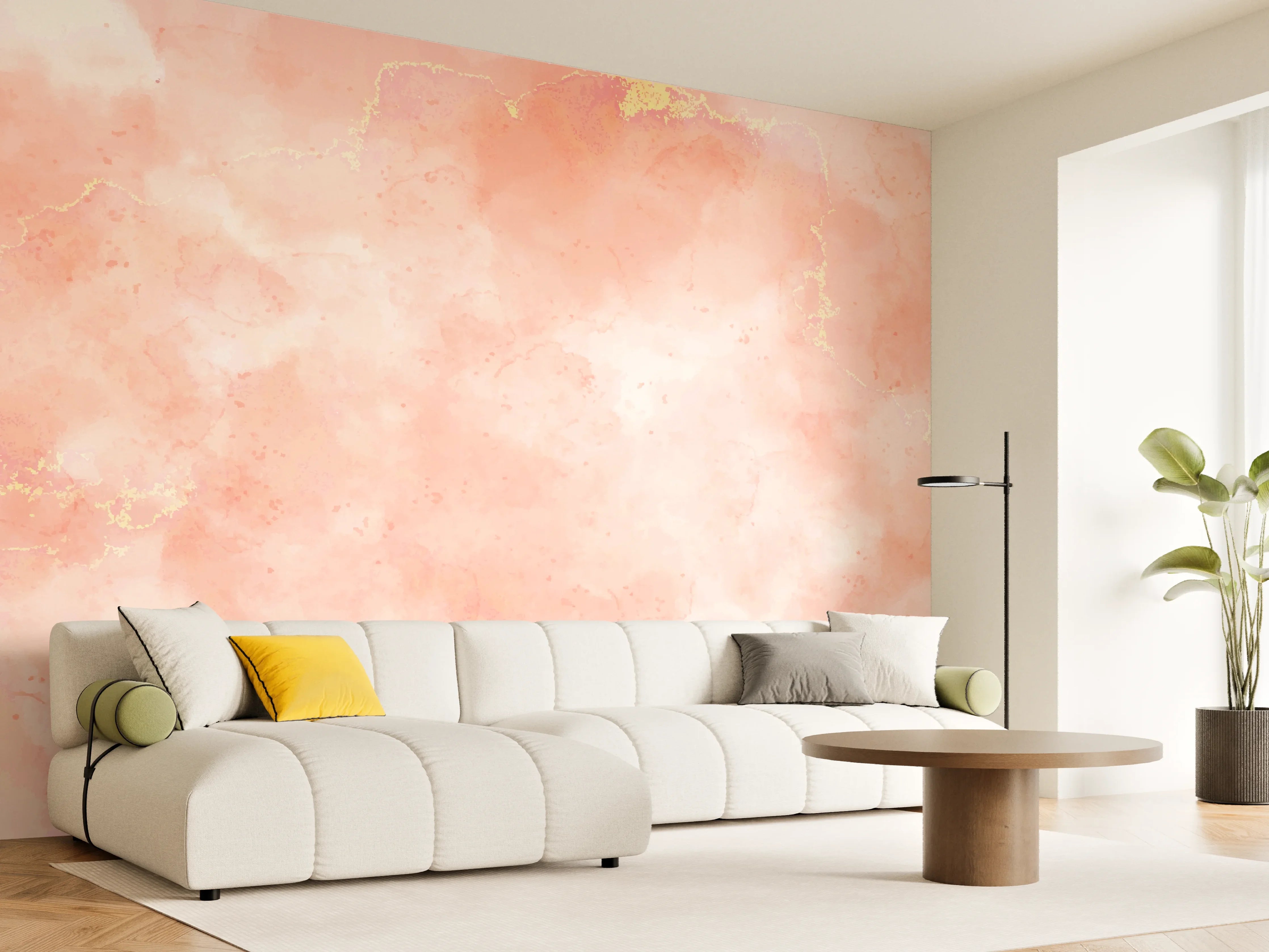 Wandverkleidung Wohnzimmer - Rosa Marmor Textur mit Goldakzenten