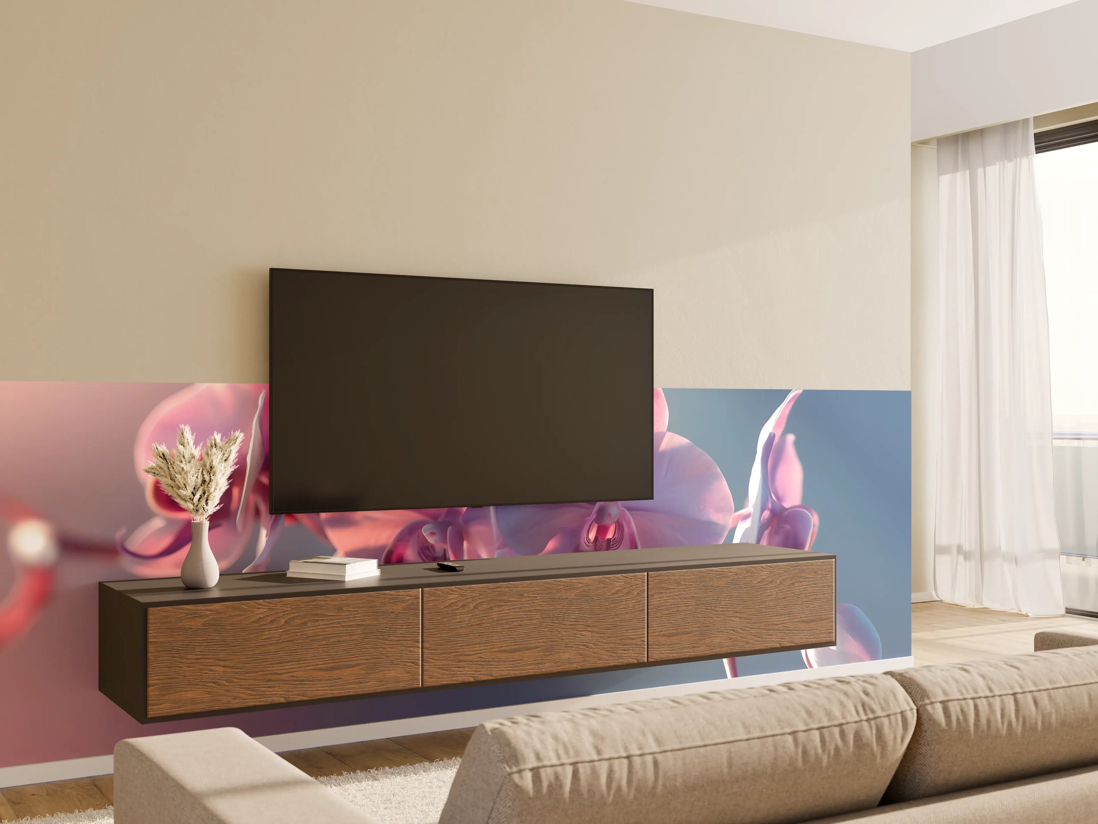Wandverkleidung Wohnzimmer - Rosa Orchideen auf Blau