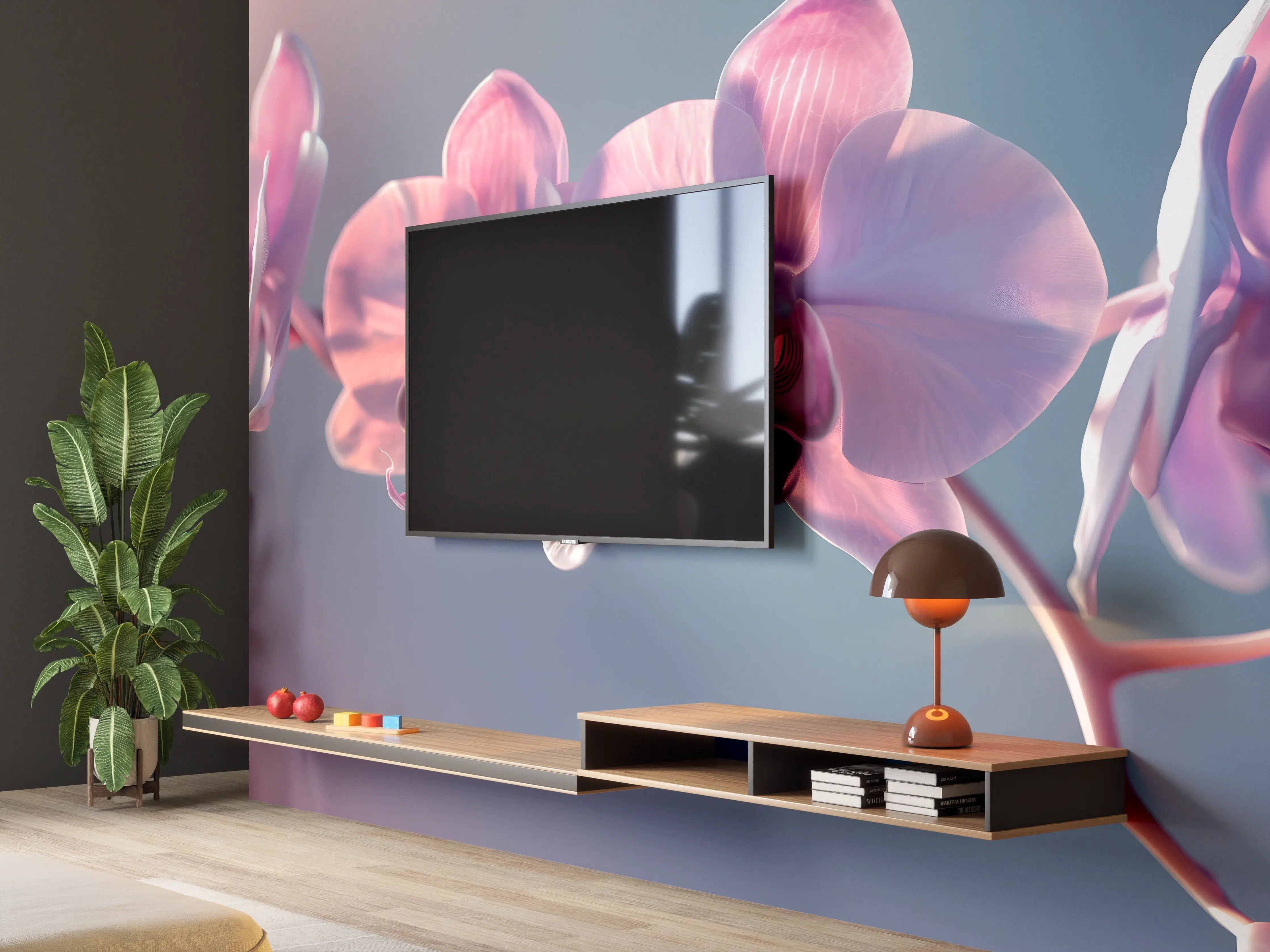 Wandverkleidung Wohnzimmer - Rosa Orchideen auf Blau