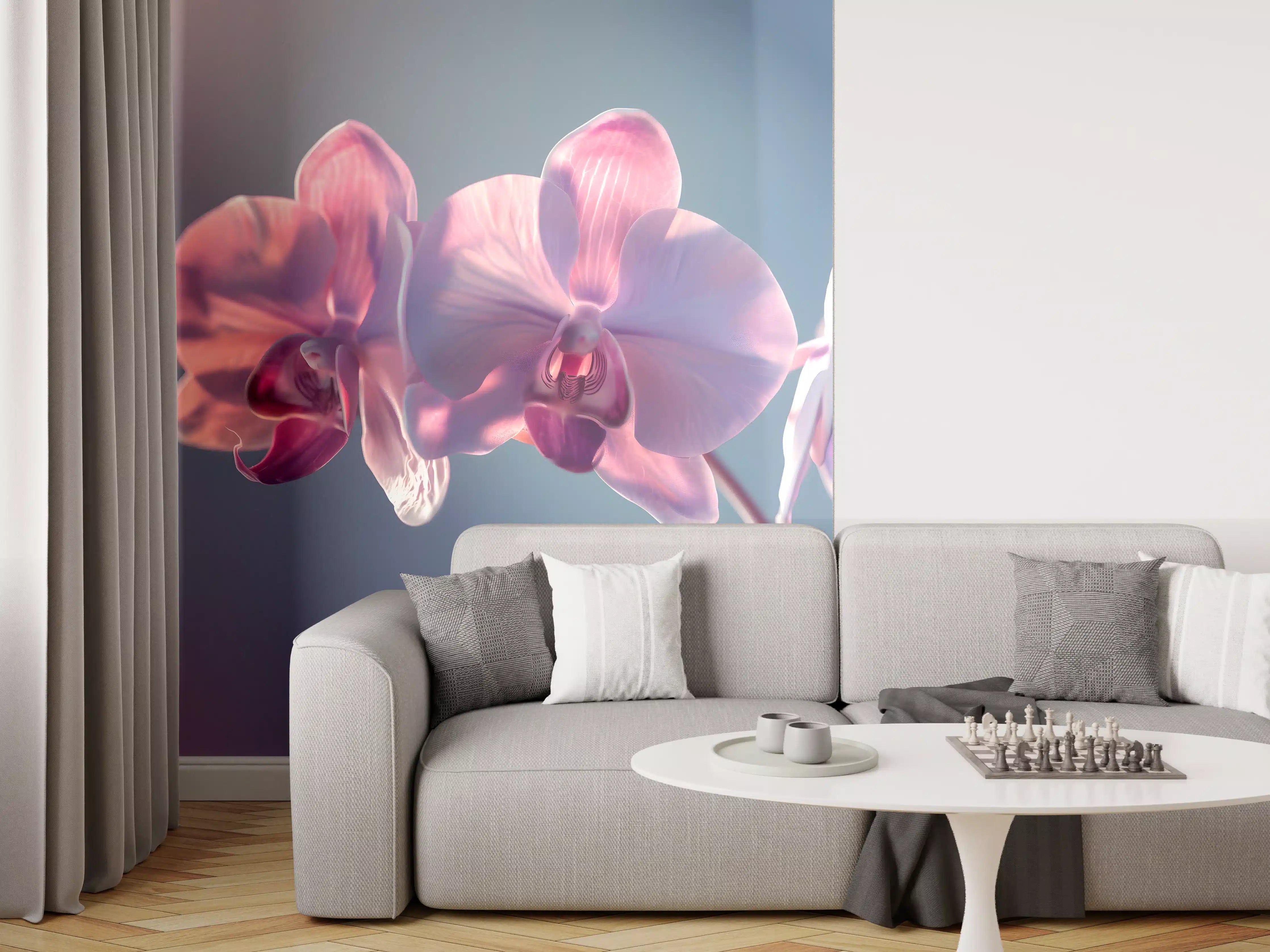Wandverkleidung Wohnzimmer - Rosa Orchideen auf Blau