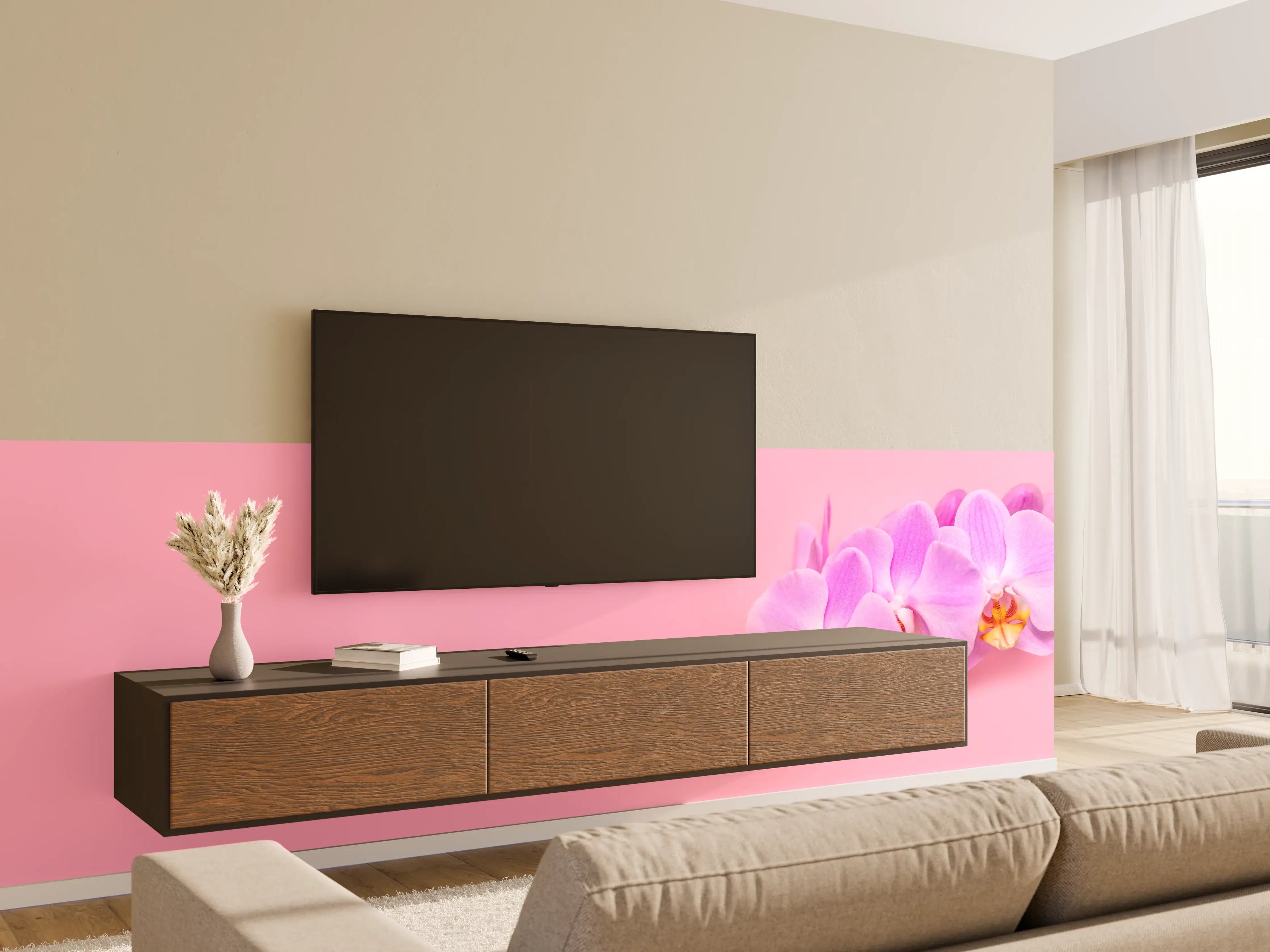 Wandverkleidung Wohnzimmer - Rosa Orchideen auf Pink