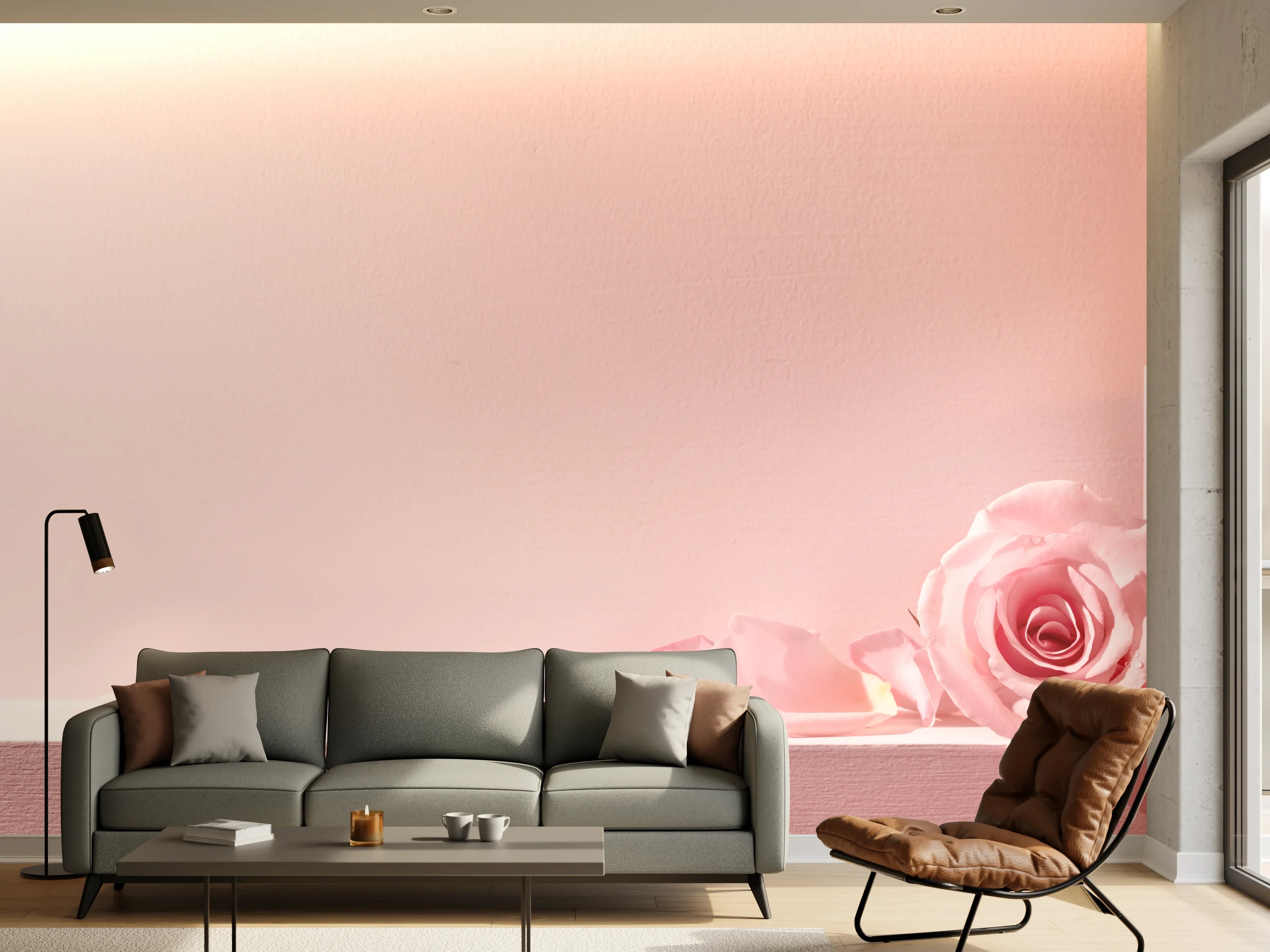 Wandverkleidung Wohnzimmer - Rosa Rosen und Kerze auf einem rosa Hintergrund