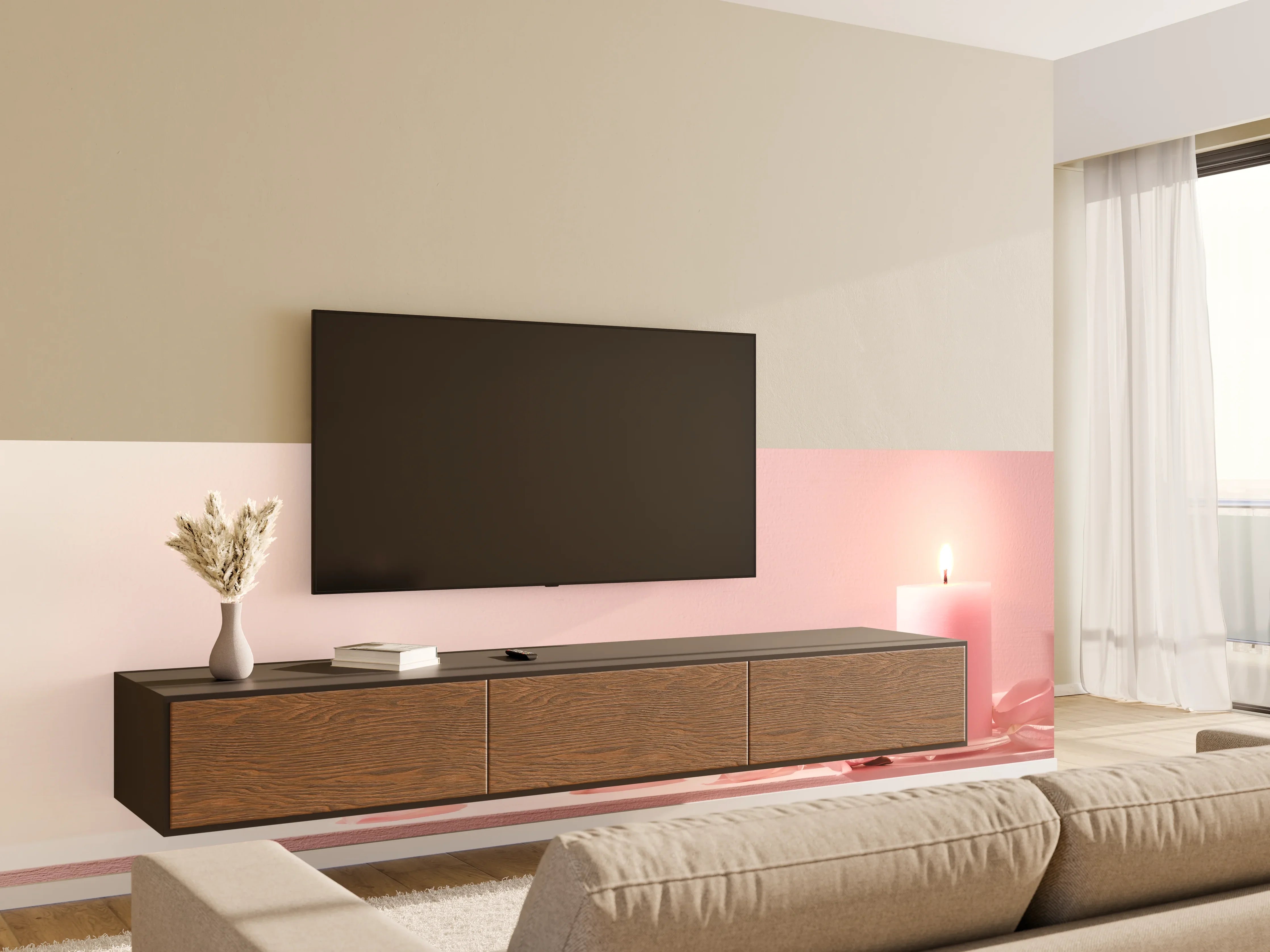 Wandverkleidung Wohnzimmer - Rosa Rosen und Kerze auf einem rosa Hintergrund