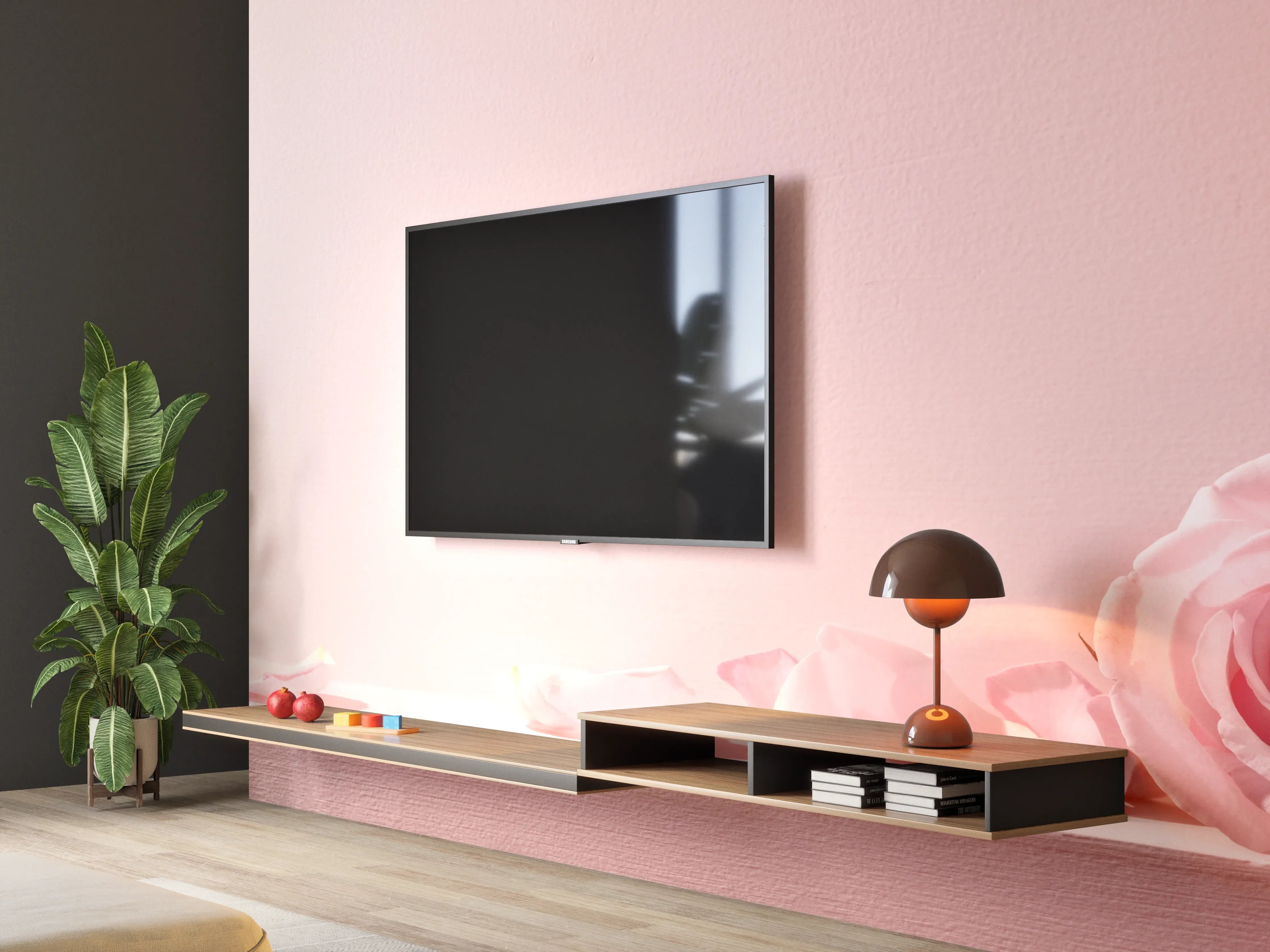Wandverkleidung Wohnzimmer - Rosa Rosen und Kerze auf einem rosa Hintergrund