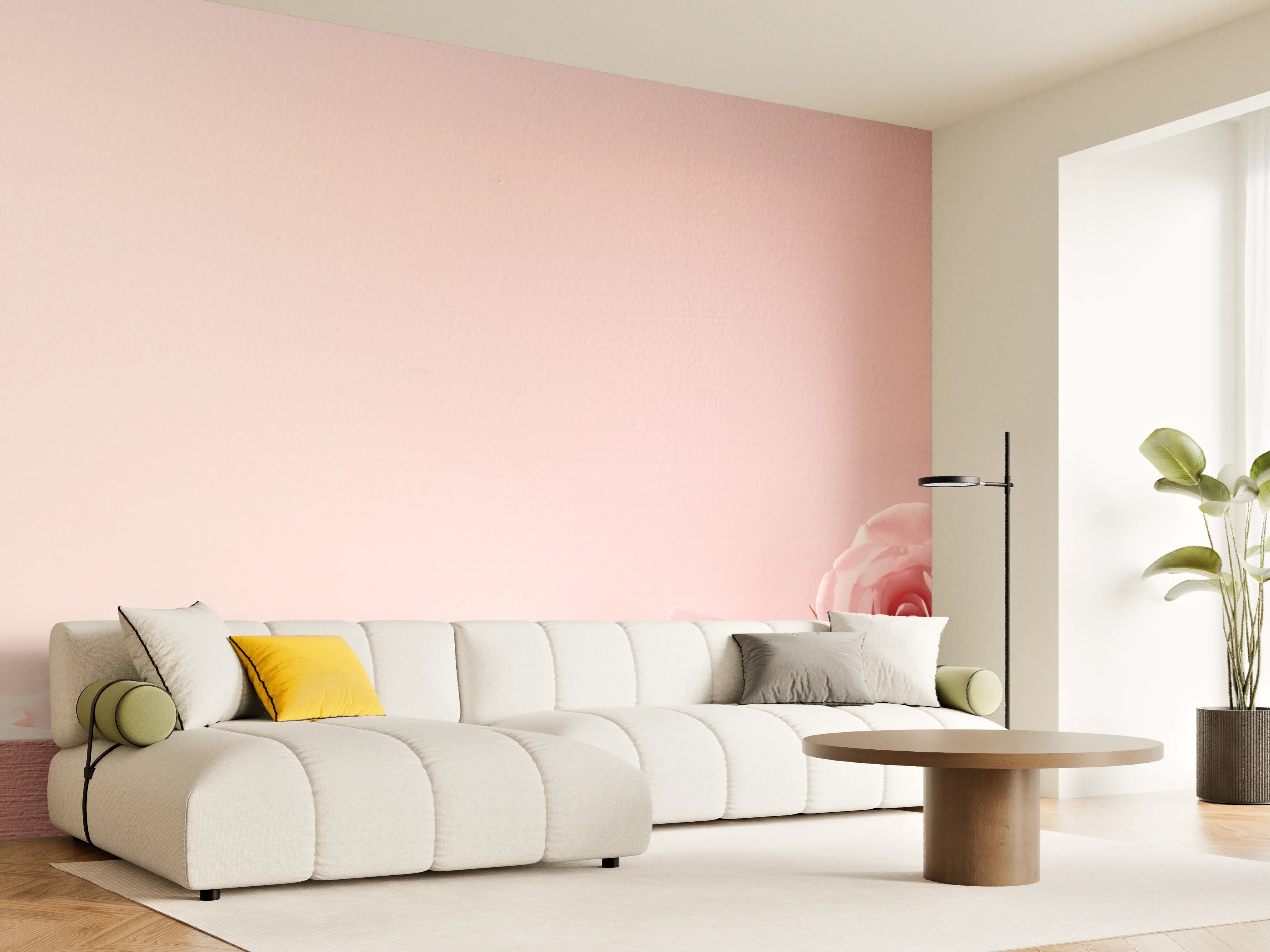 Wandverkleidung Wohnzimmer - Rosa Rosen und Kerze auf einem rosa Hintergrund