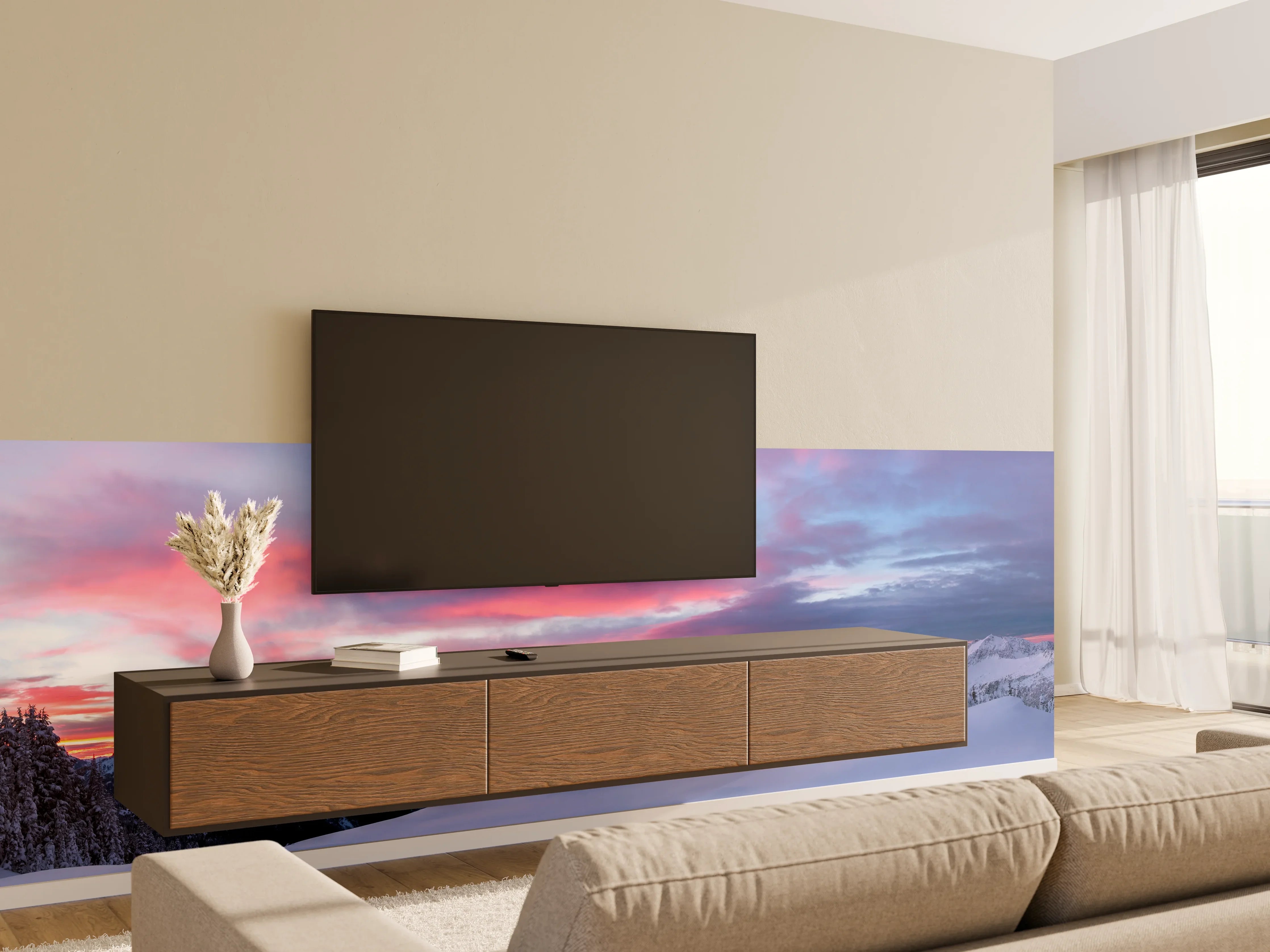 Wandverkleidung Wohnzimmer - Rosa Sonnenuntergang Bergpanorama