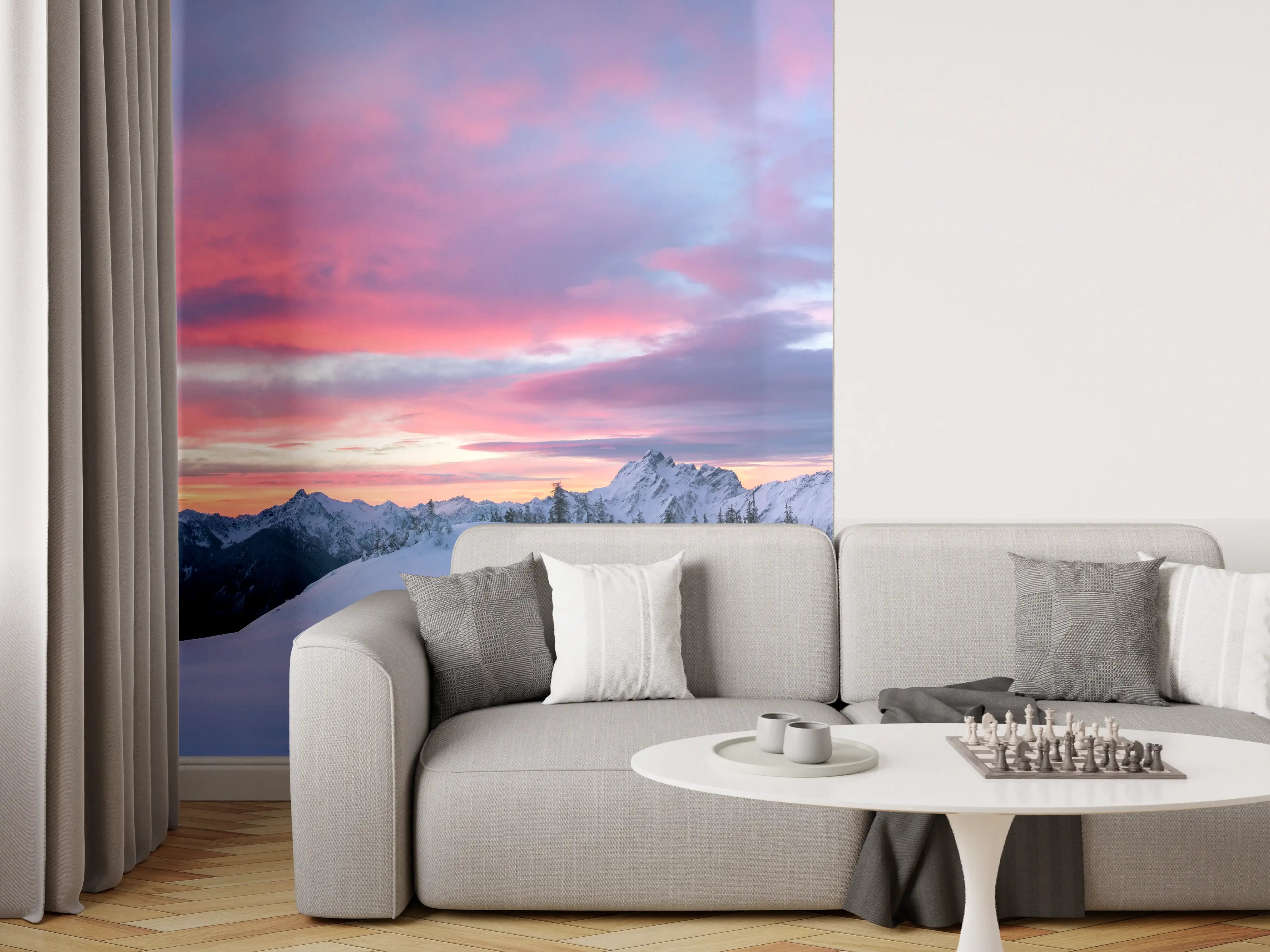 Wandverkleidung Wohnzimmer - Rosa Sonnenuntergang Bergpanorama