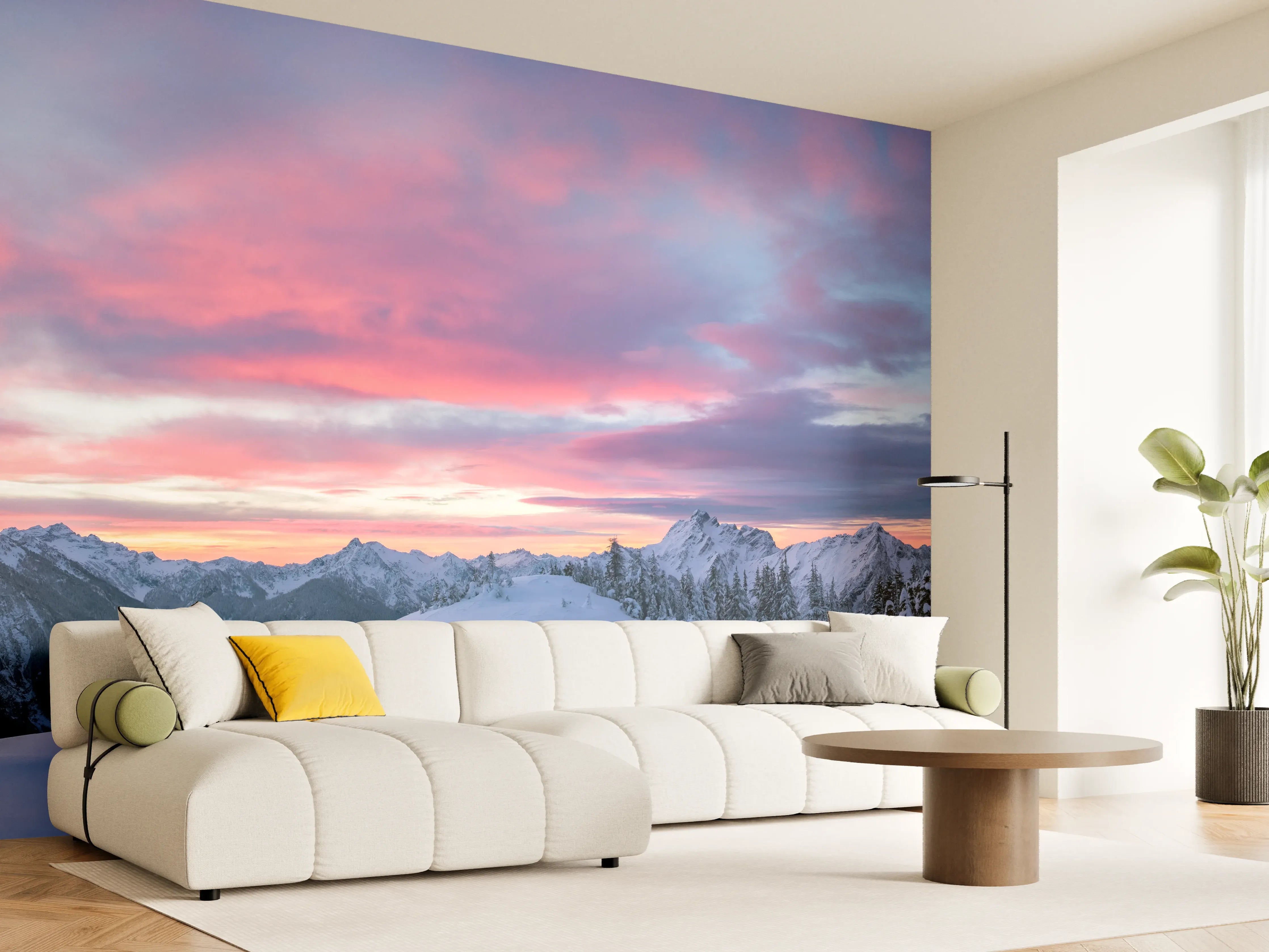 Wandverkleidung Wohnzimmer - Rosa Sonnenuntergang Bergpanorama
