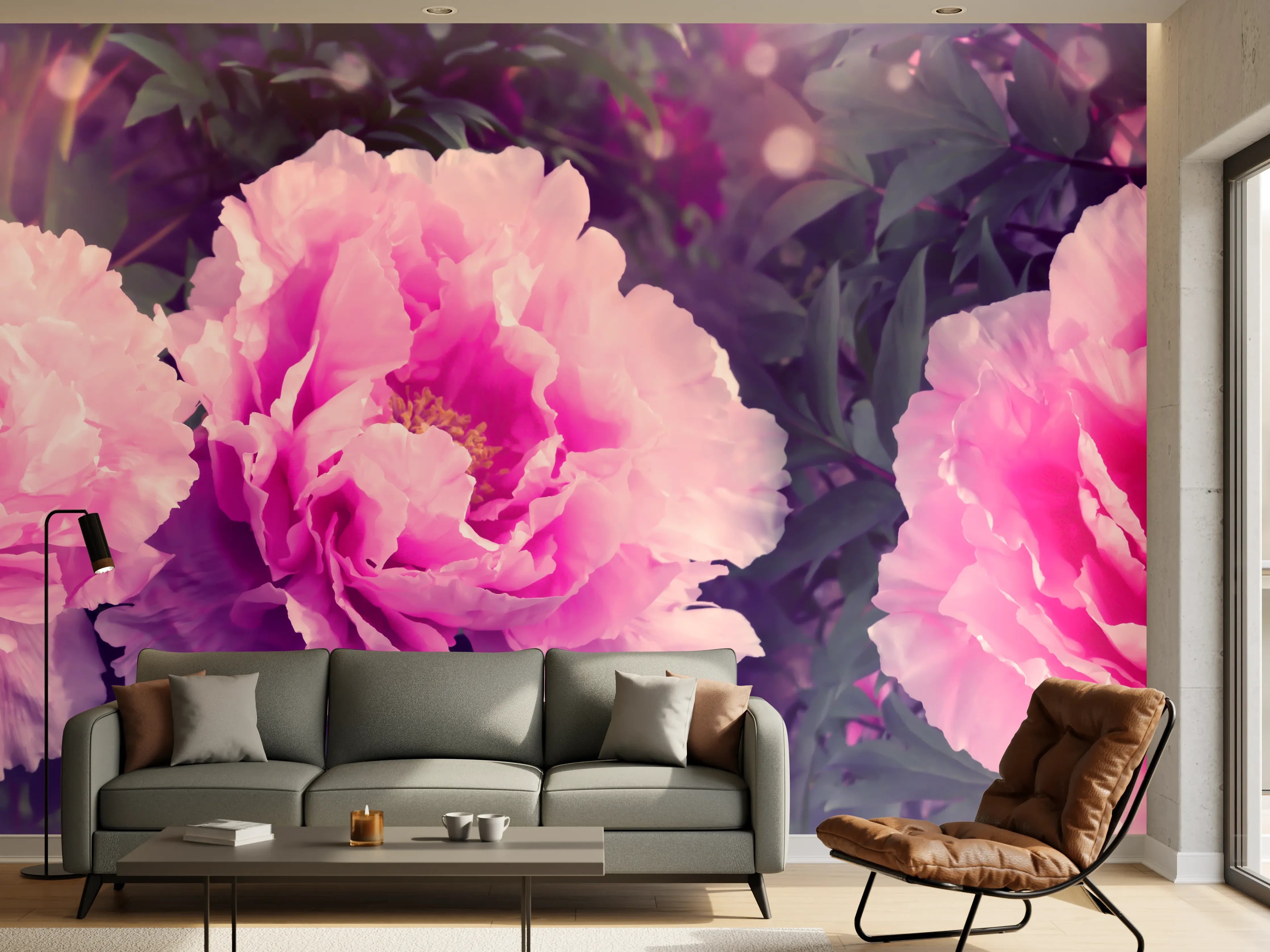 Wandverkleidung Wohnzimmer - Rosa-Weiße Pfingstrosen