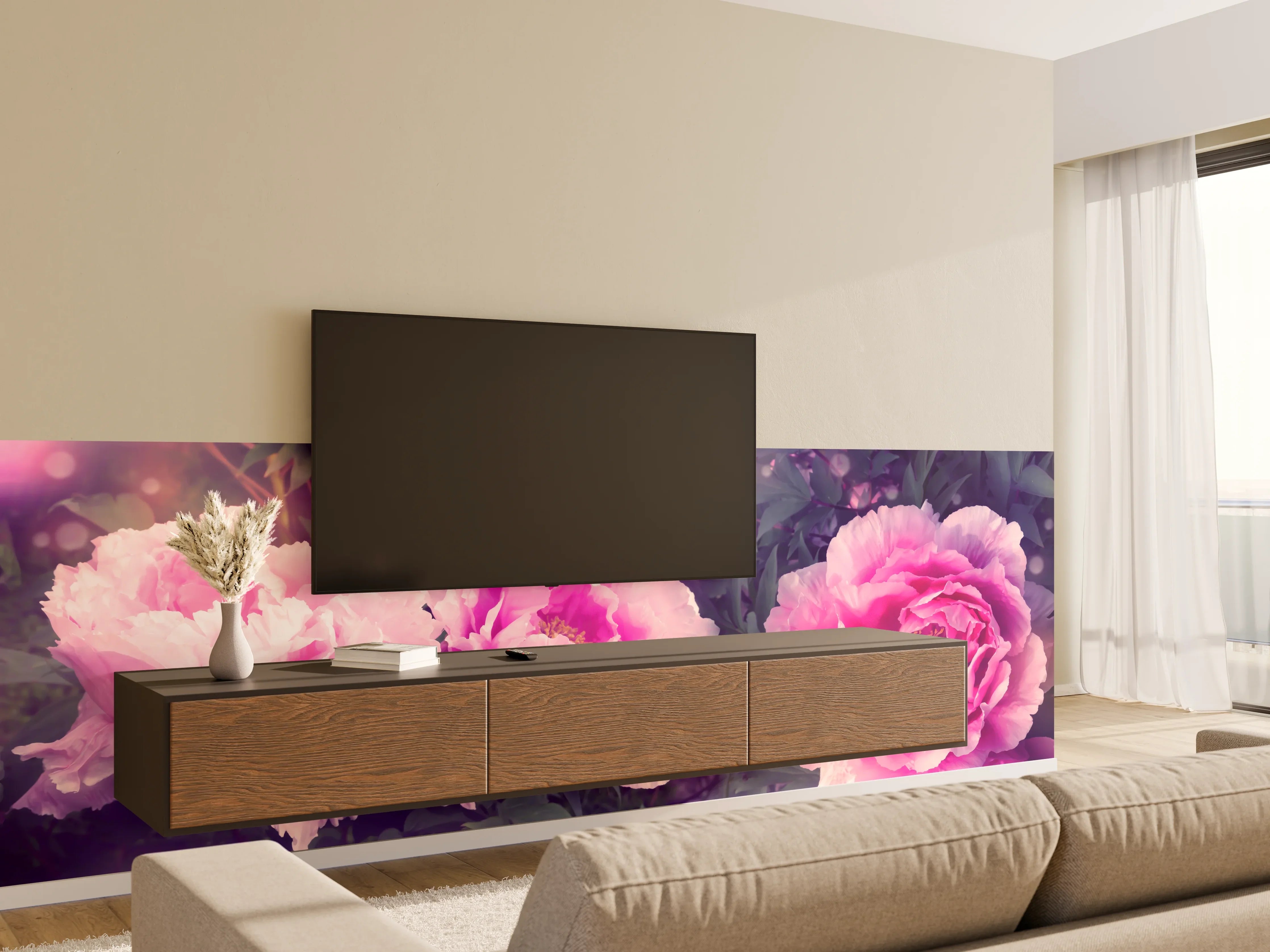 Wandverkleidung Wohnzimmer - Rosa-Weiße Pfingstrosen
