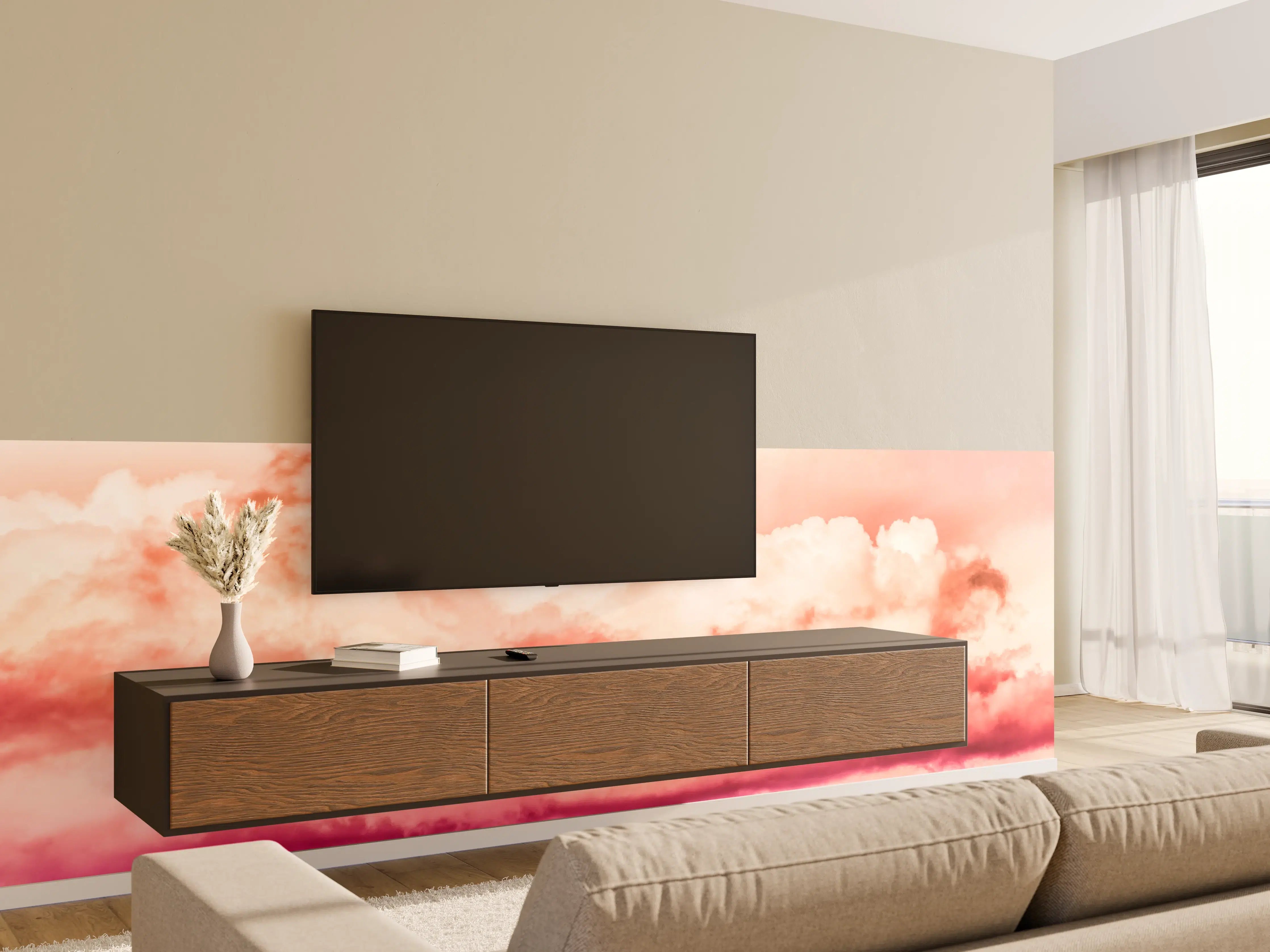 Wandverkleidung Wohnzimmer - Rosa Wolkenhimmel