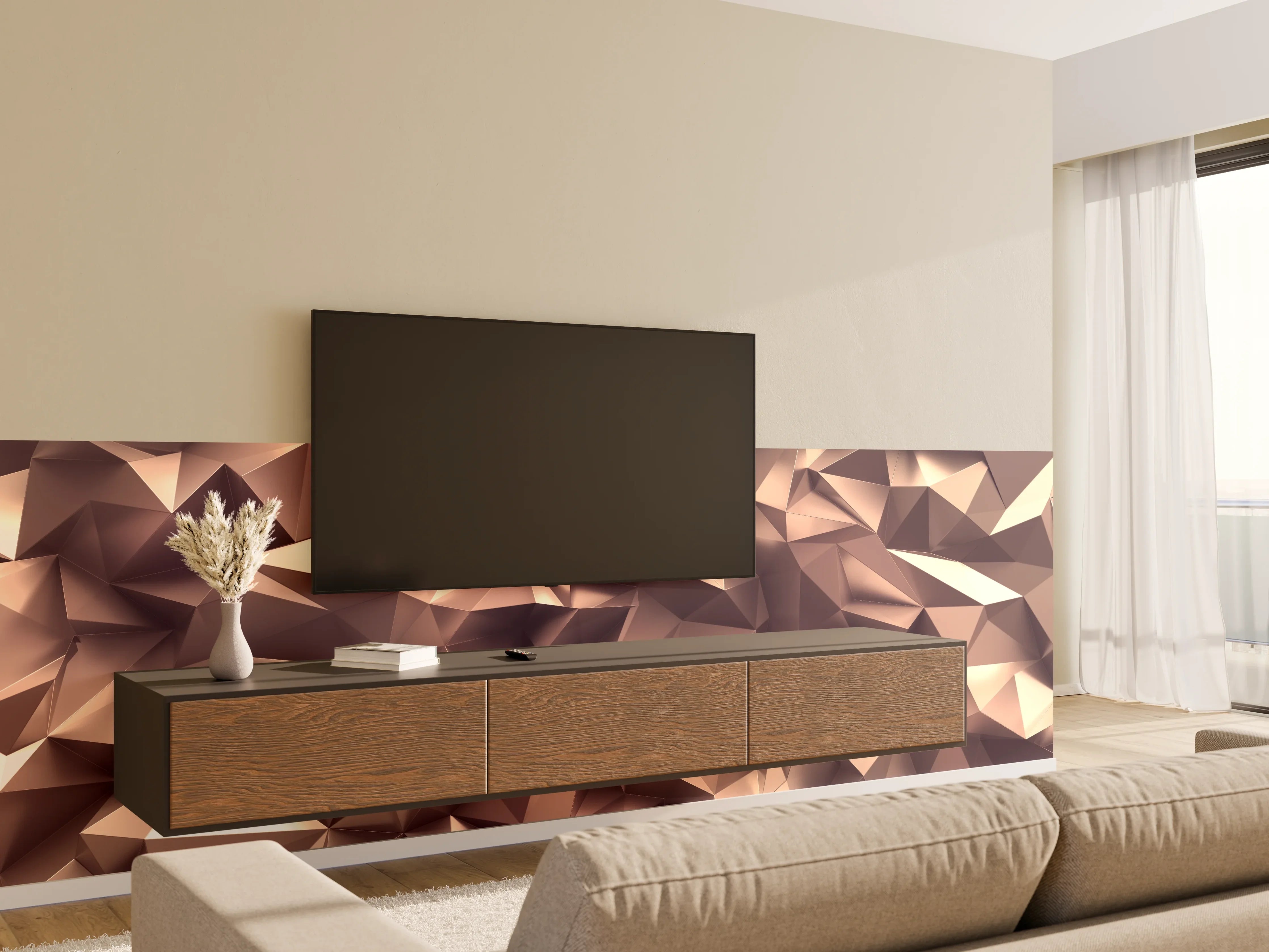 Wandverkleidung Wohnzimmer - Roségold Kristall-Polygon-Hintergrund