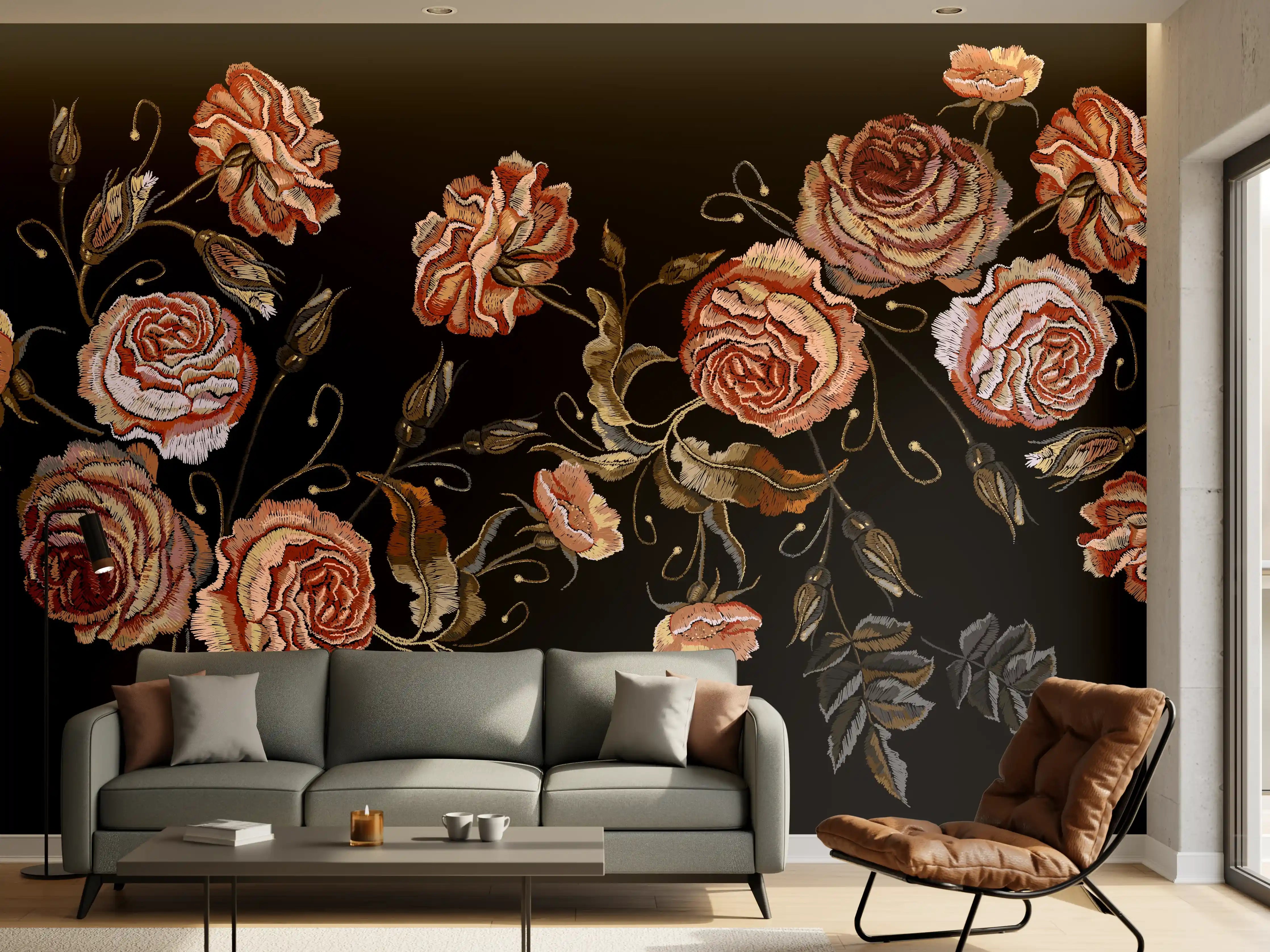 Wandverkleidung Wohnzimmer - Rosen in der Dunkelheit
