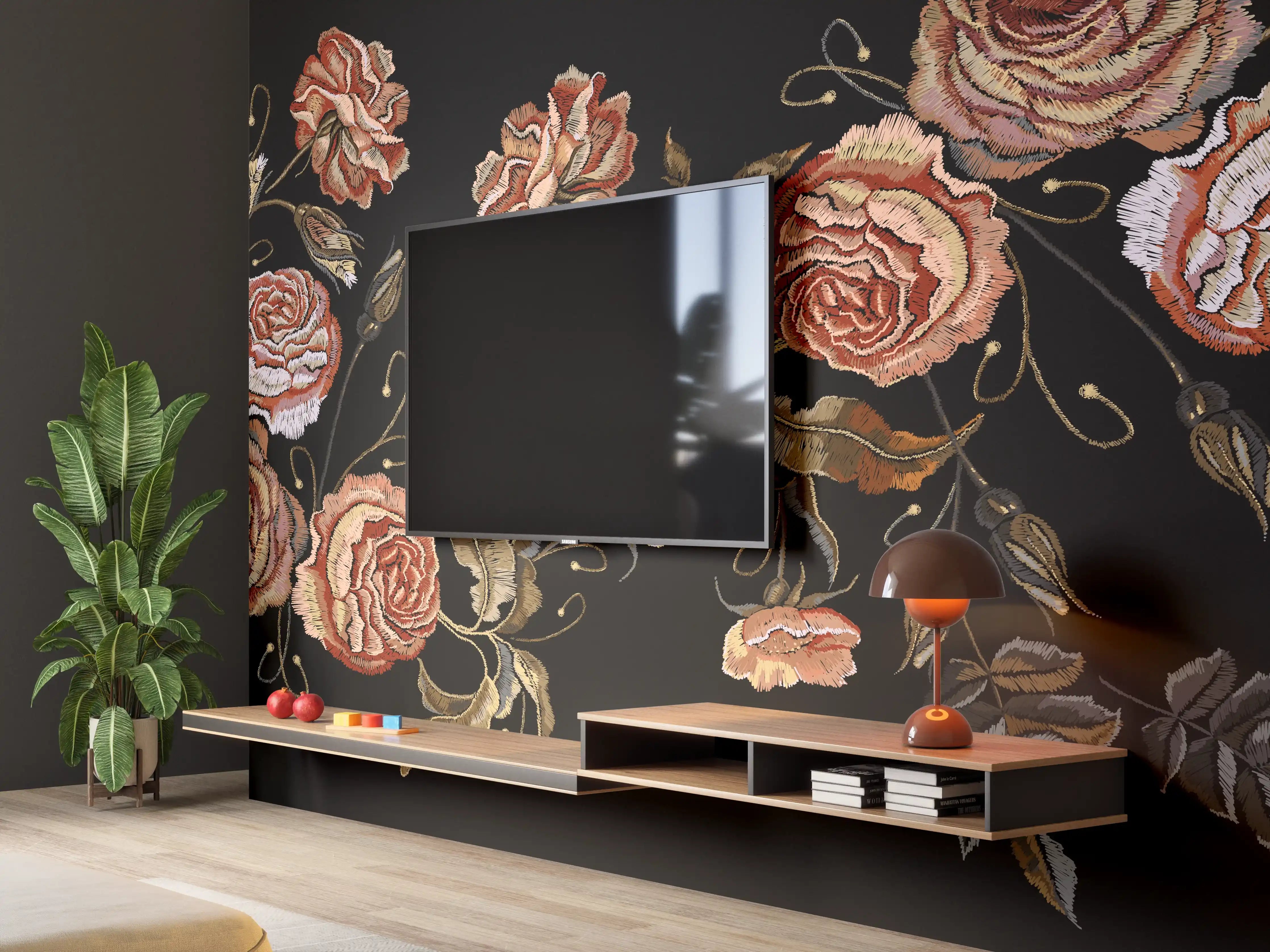 Wandverkleidung Wohnzimmer - Rosen in der Dunkelheit