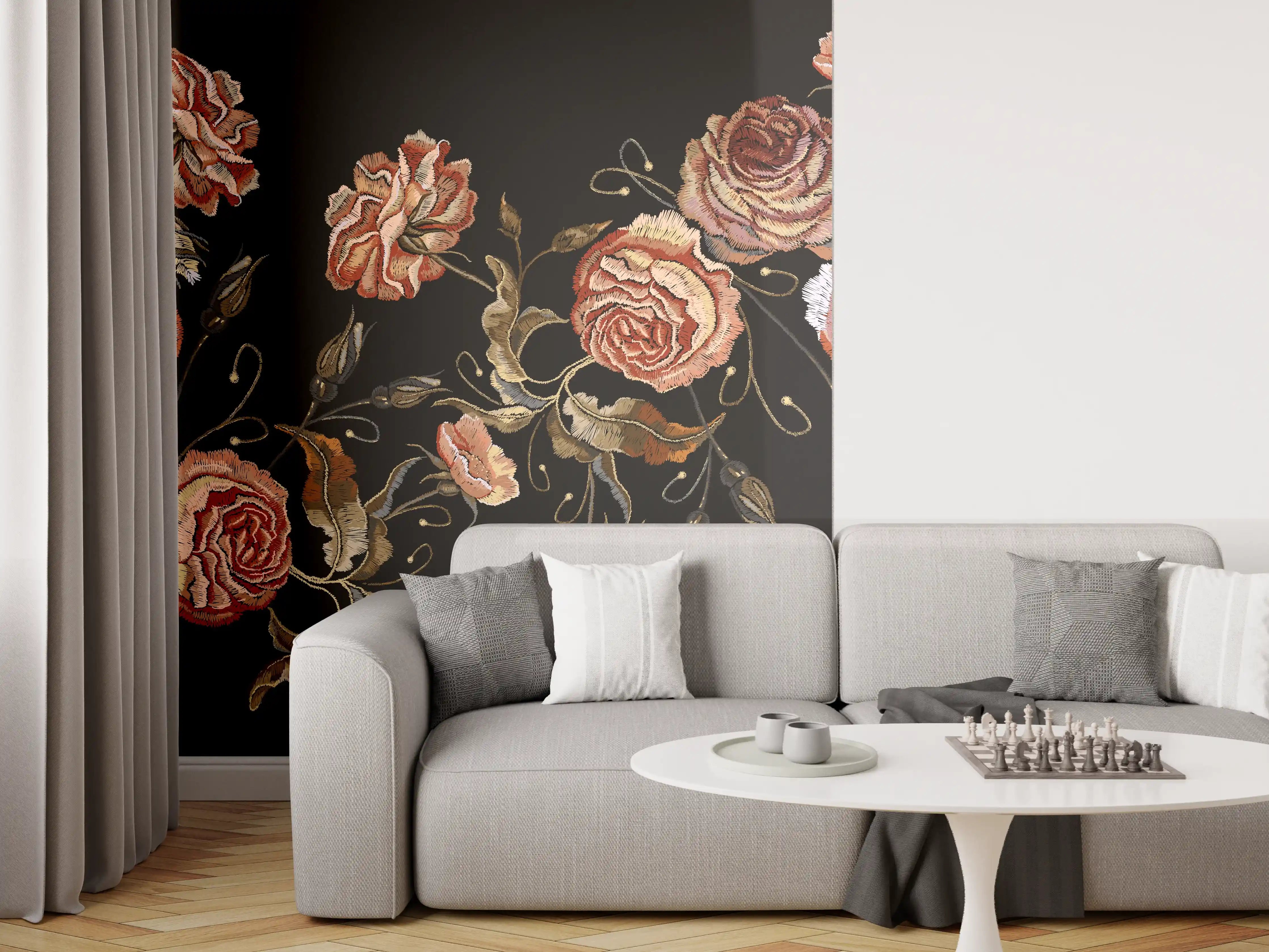 Wandverkleidung Wohnzimmer - Rosen in der Dunkelheit